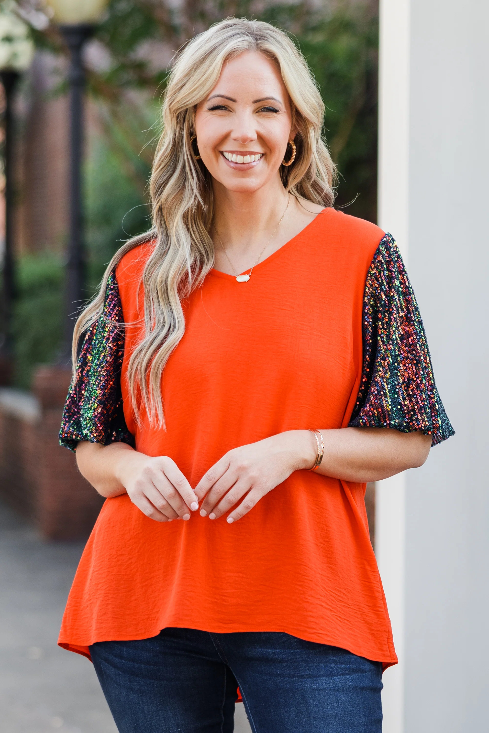 Gameday Glam Top, Orange-Navy - Weilaico