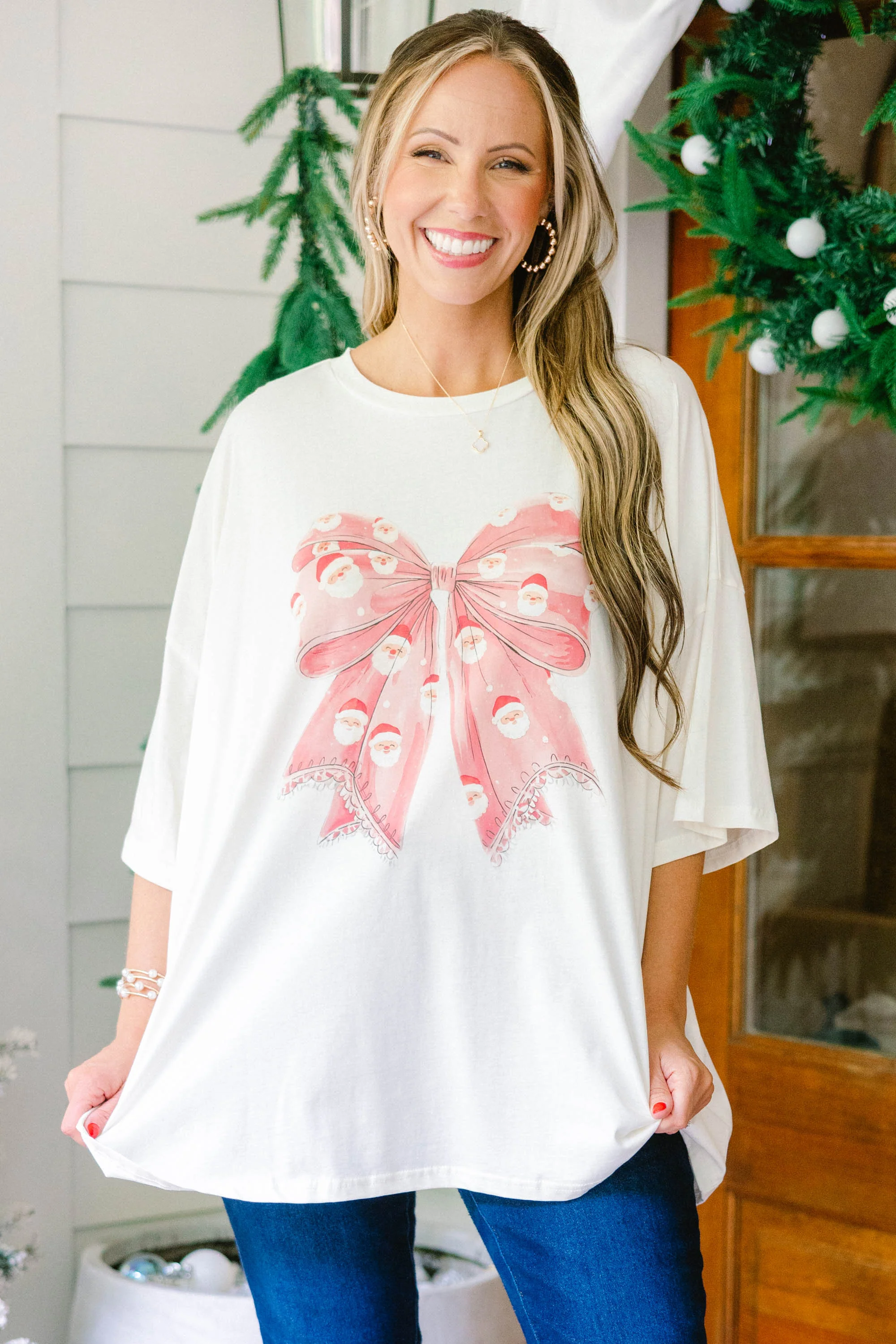 Santa Bows Boyfriend Tee, Ivory - Weilaico