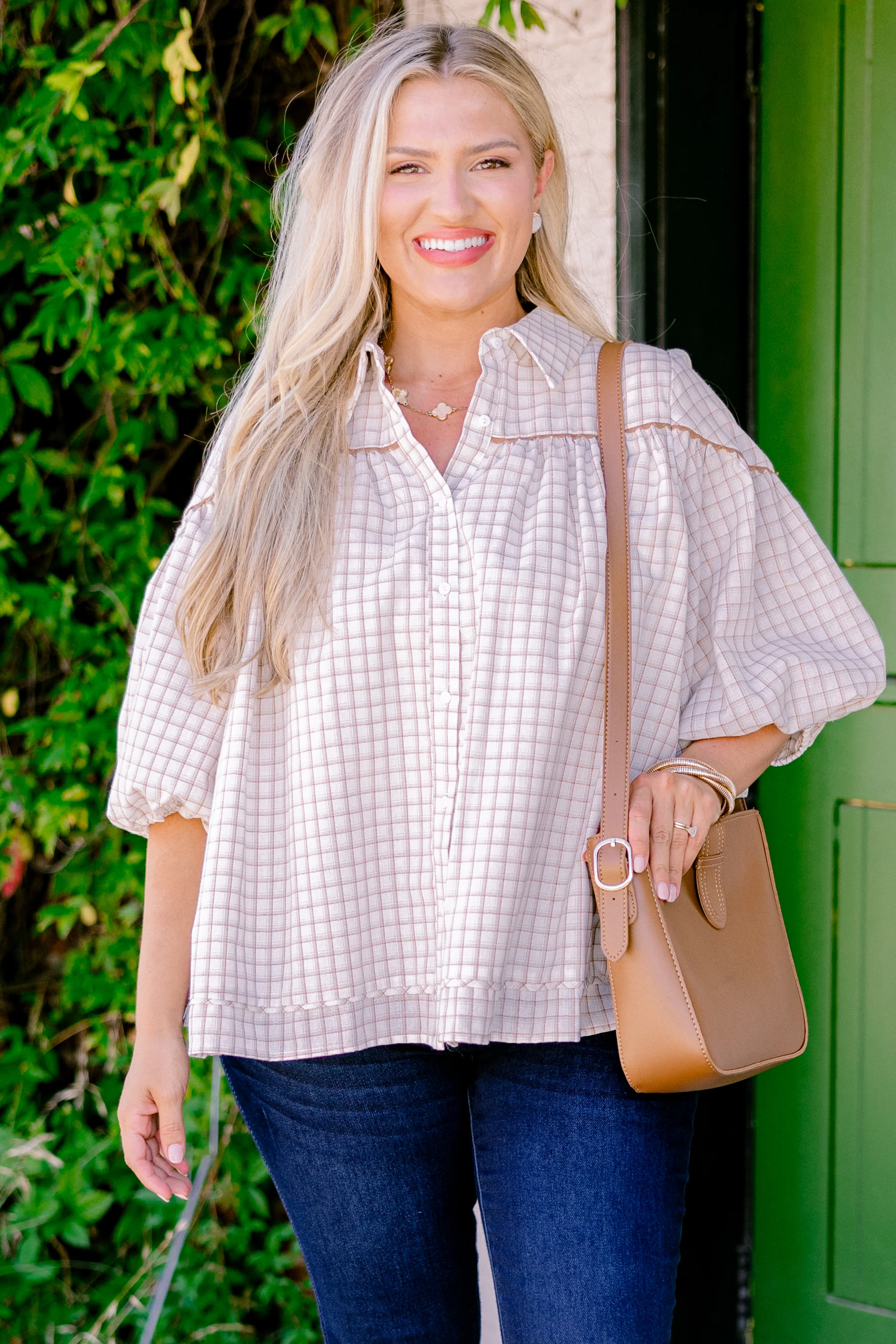 Love Is All Around Blouse, Cream Plaid - Weilaico