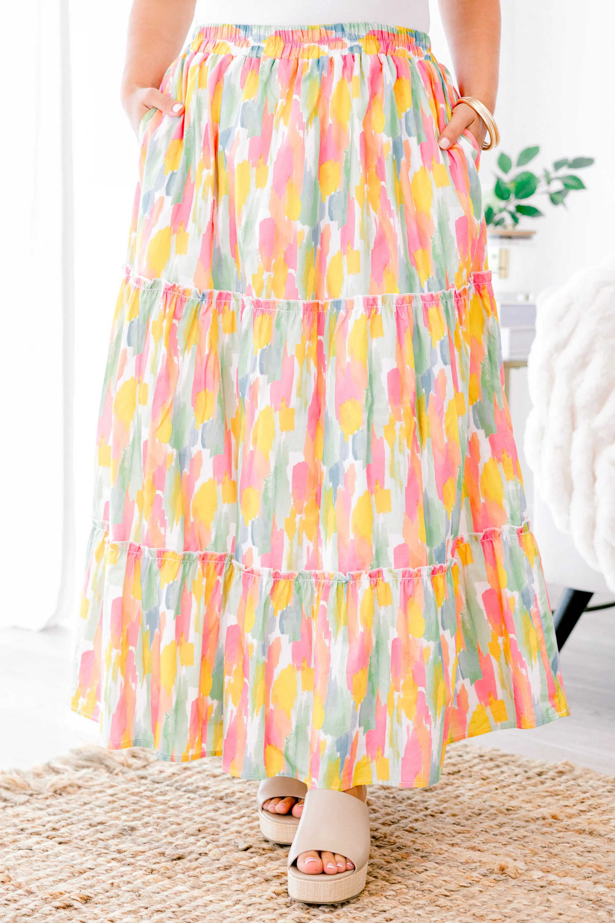 Whimsical Woman Maxi Skirt, Pink Watercolor - Weilaico