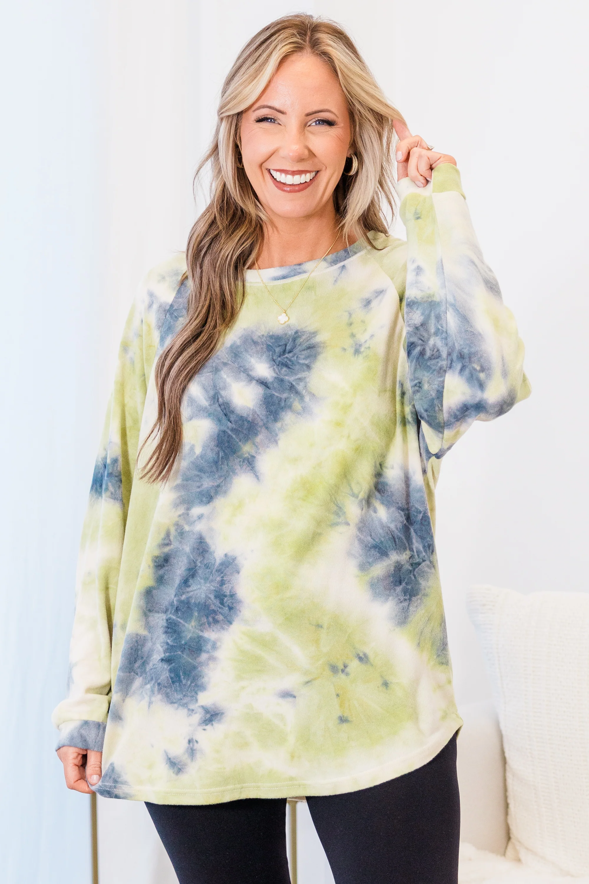 Curved Hem Slouchy Dolman Tunic, Tie Dye Olive - Weilaico