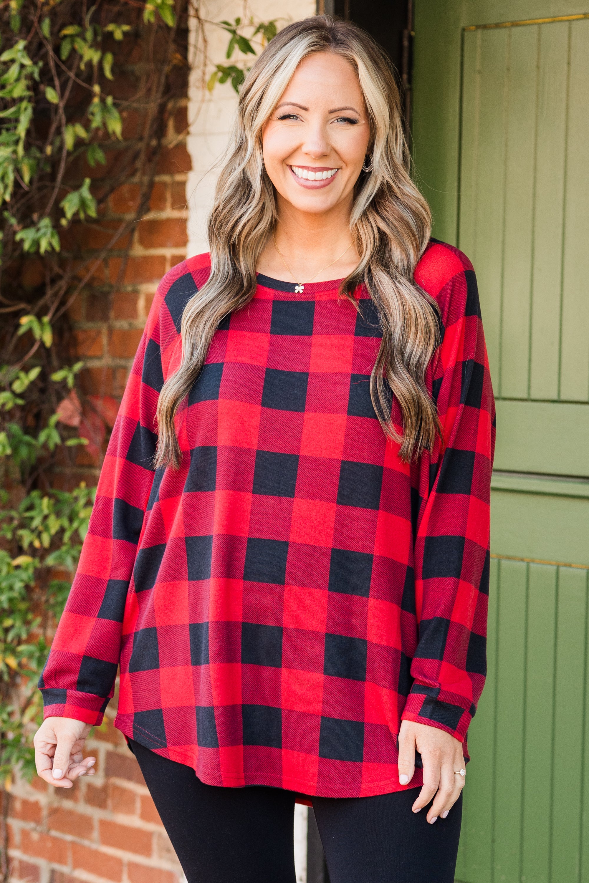 Curved Hem Slouchy Dolman Tunic, Red Plaid - Weilaico