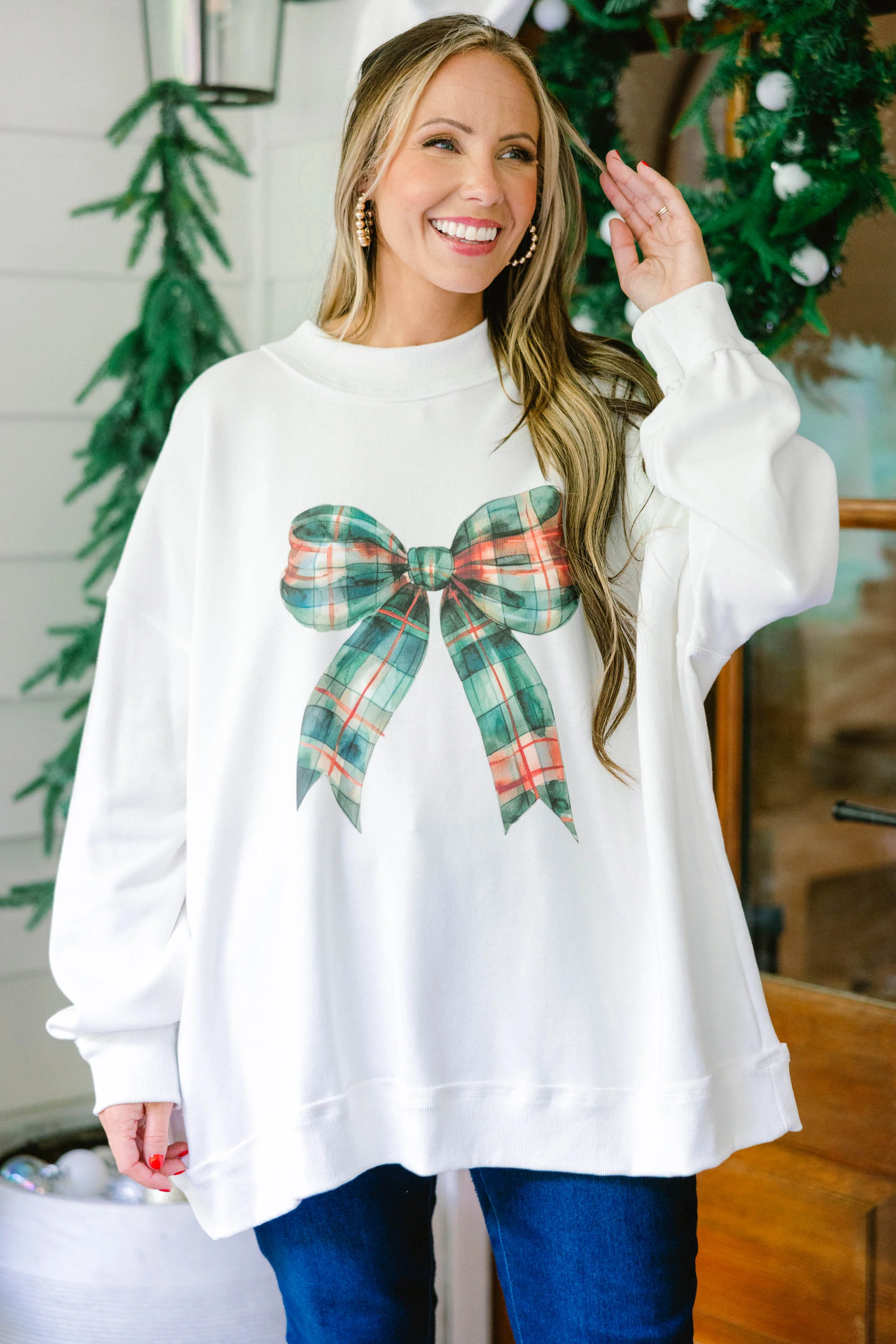 Wrapped In A Bow Mock Neck Pullover, Ivory - Weilaico