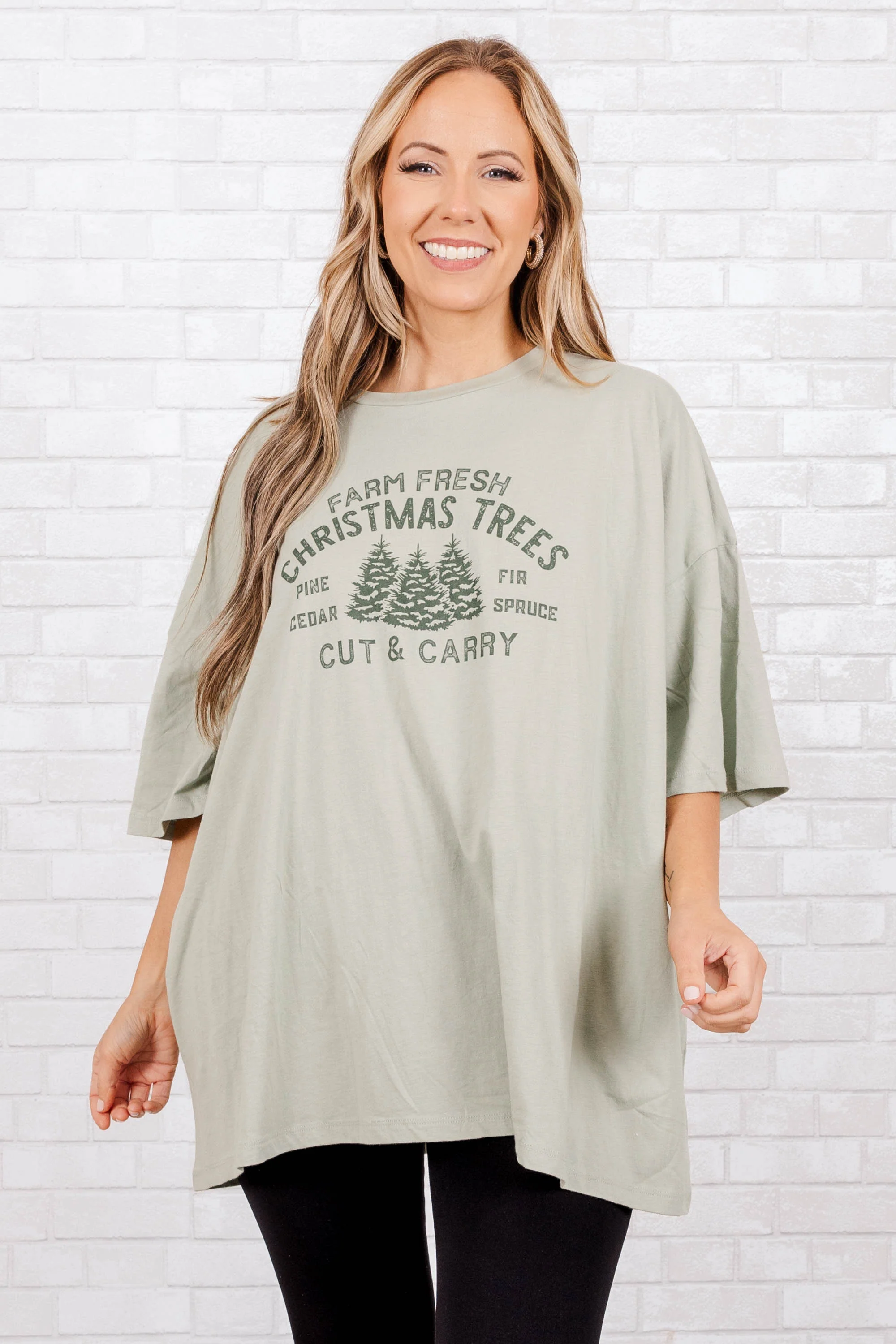 Farm Fresh Christmas Tree Boyfriend Tee, Sage - Weilaico