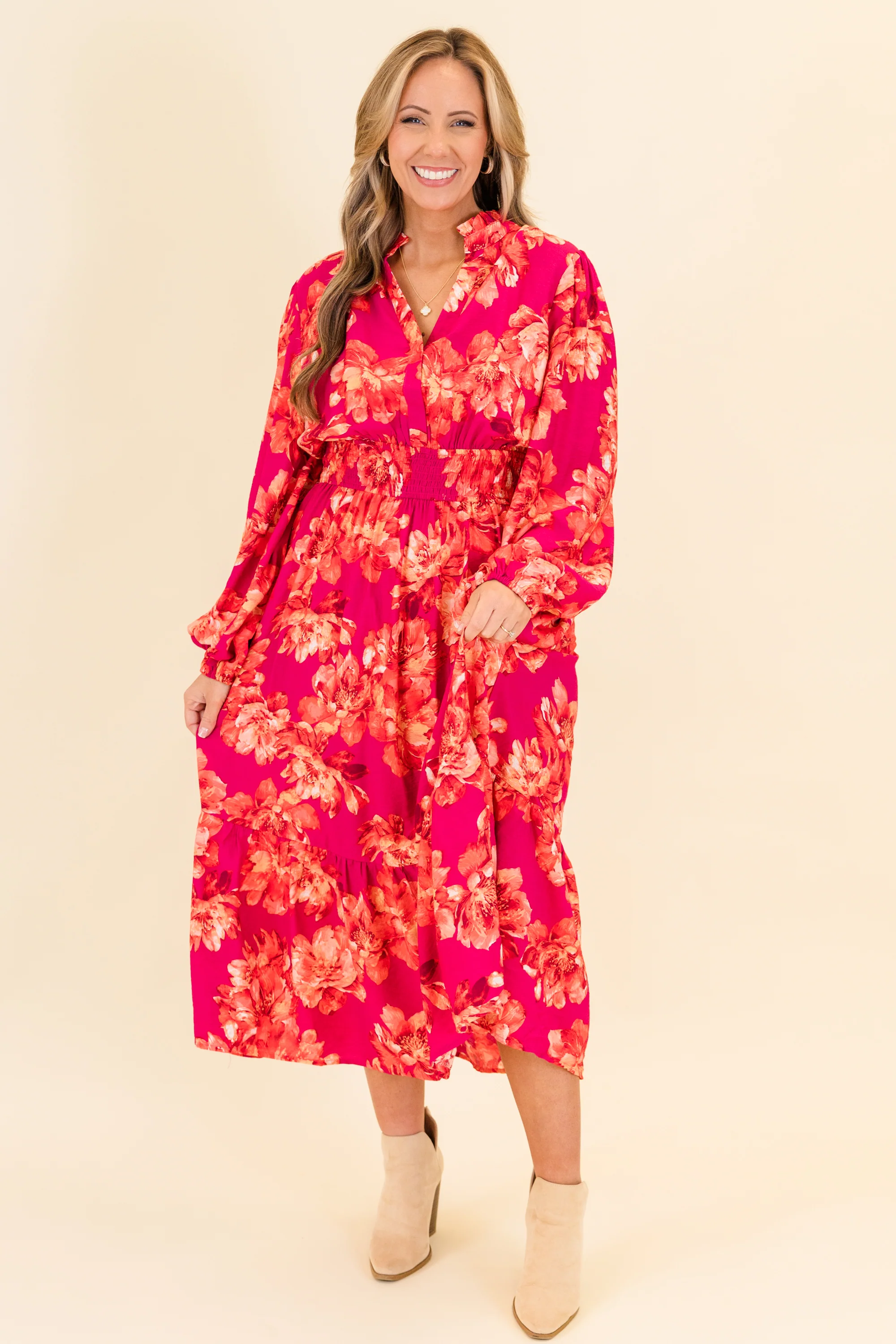 Gentle On My Mind Midi Dress, Magenta - Weilaico