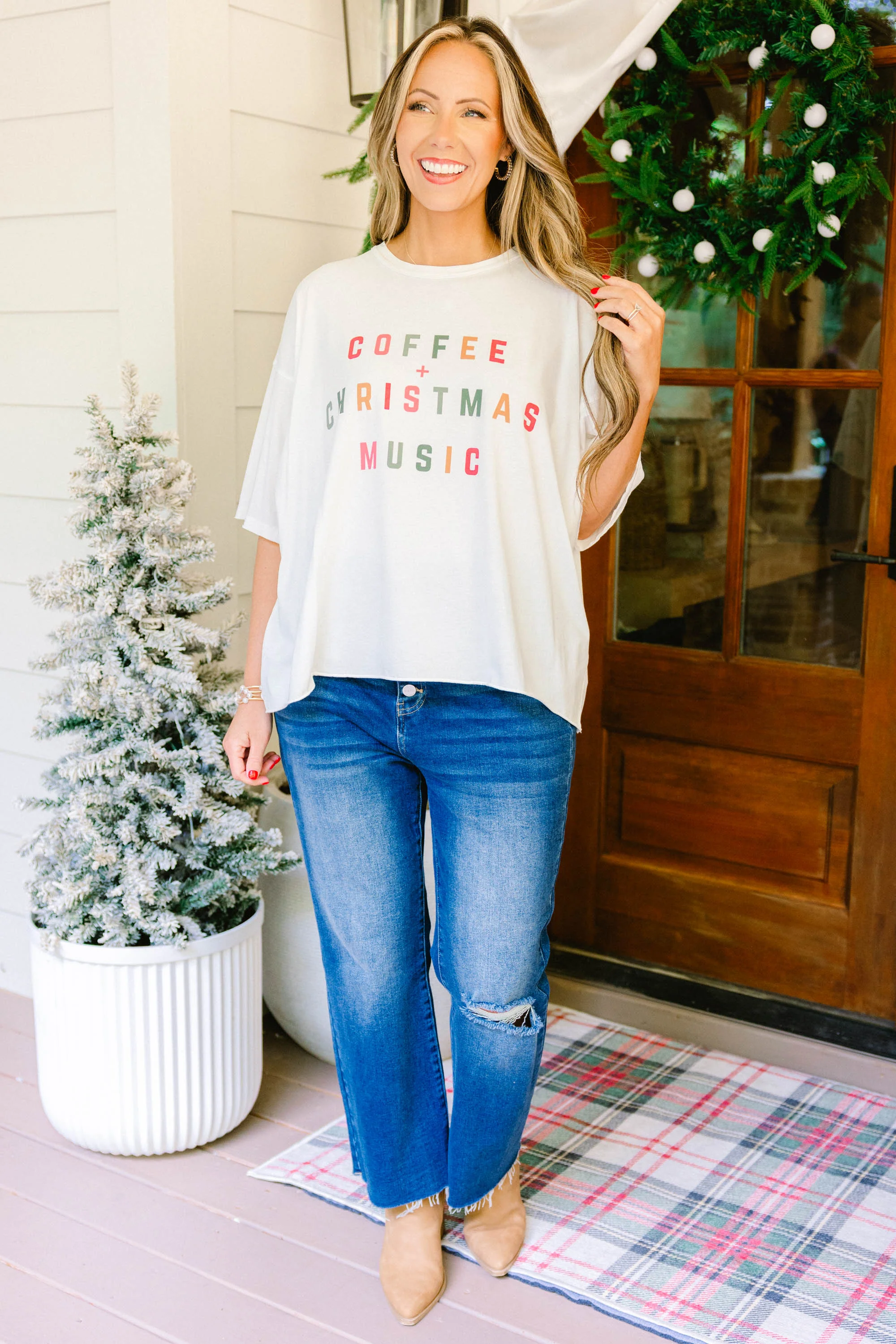 Coffee and Christmas Music Vintage Wash Tee, White - Weilaico