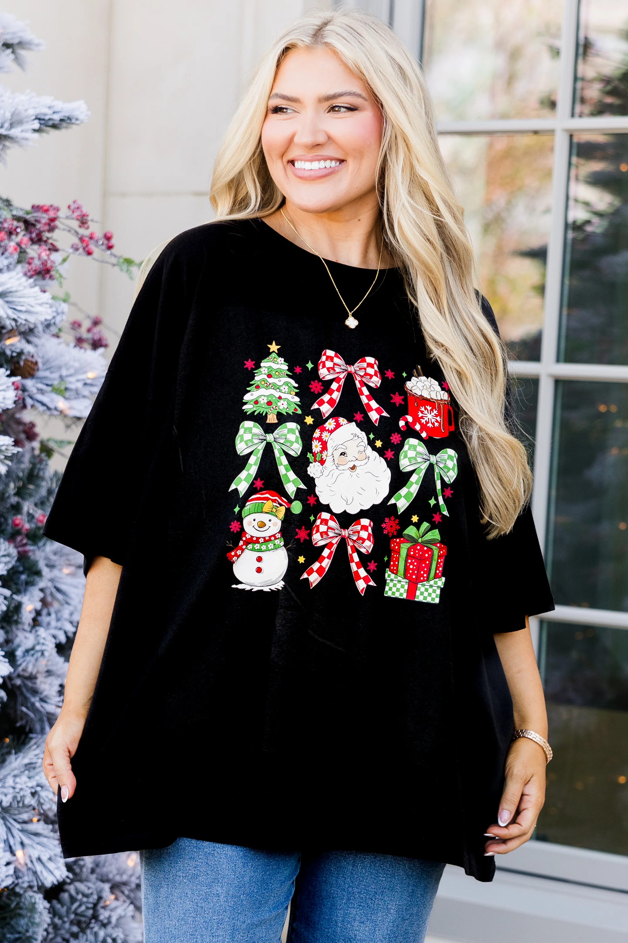 Classic Christmas Boyfriend Tee, Black - Weilaico