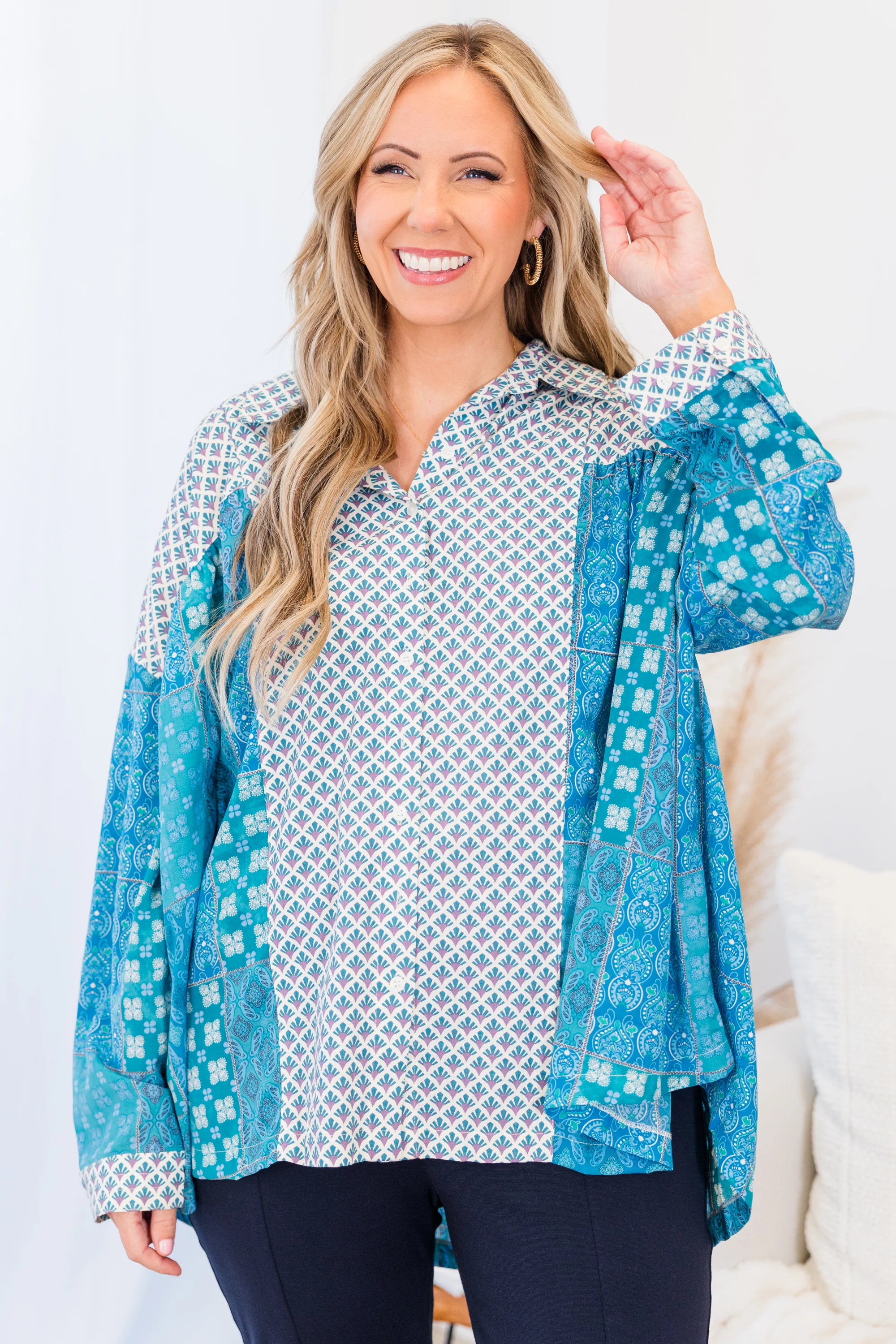 Ocean Vibes Top, Teal Green Multi - Weilaico