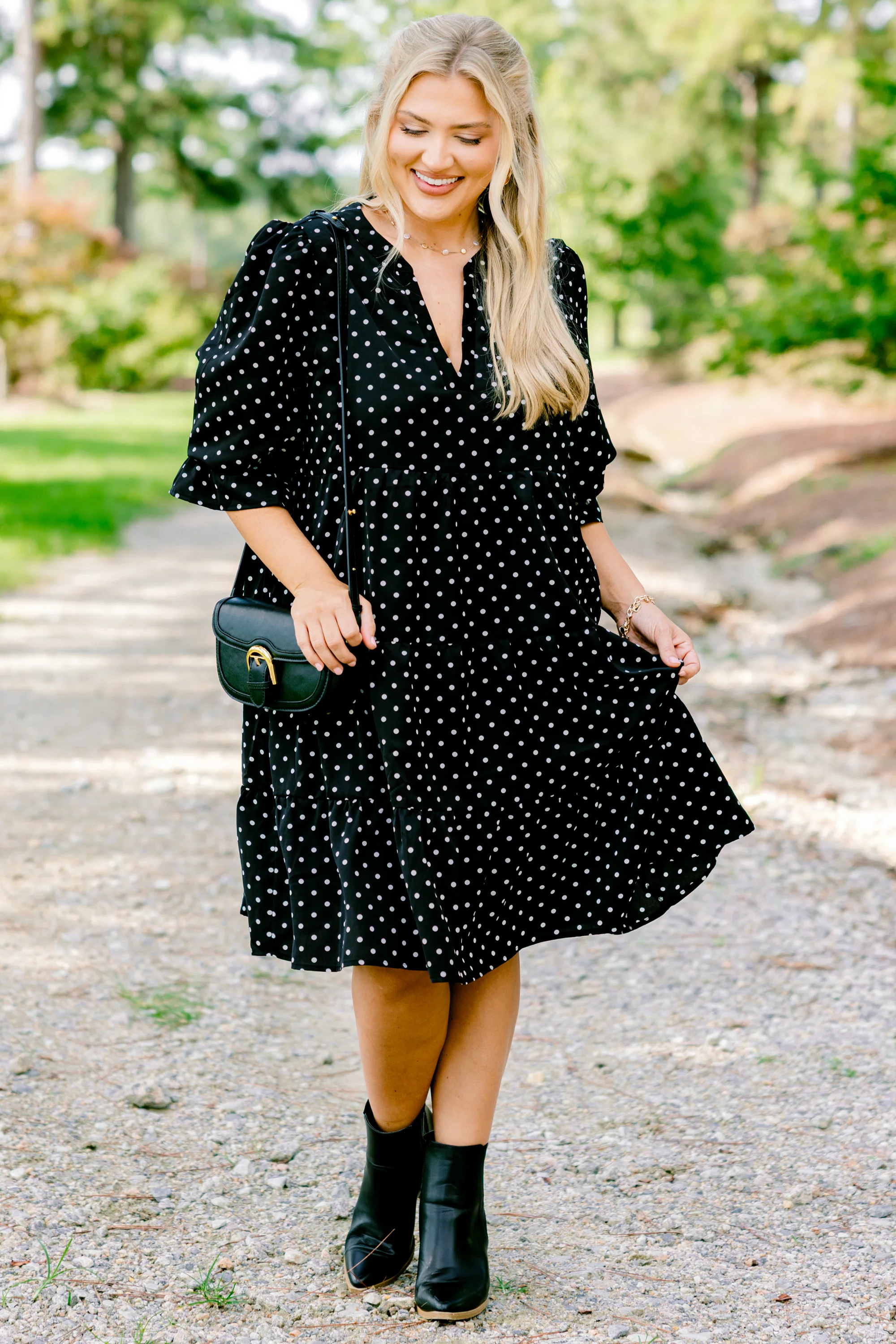 What You Know Dress, Black Polka Dot - Weilaico