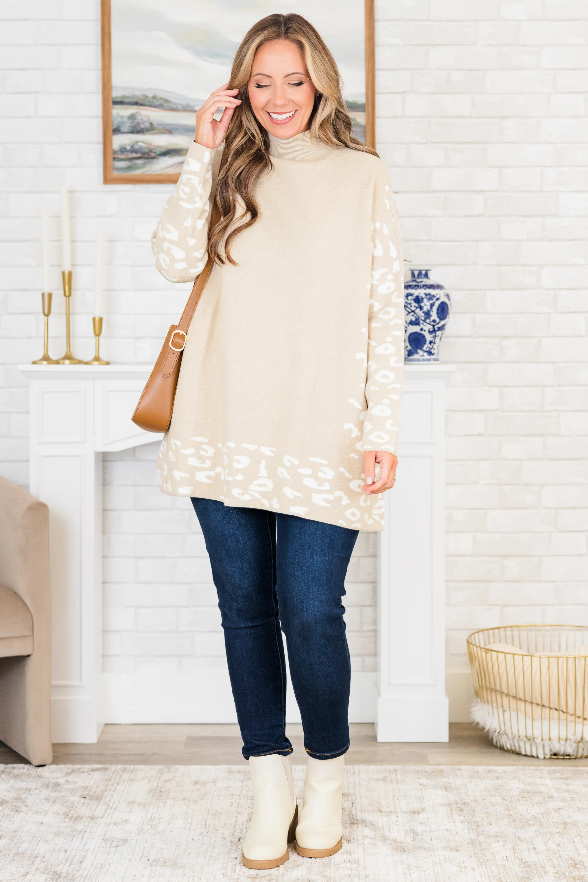 Time To Walk Away Sweater Tunic, Taupe-White - Weilaico