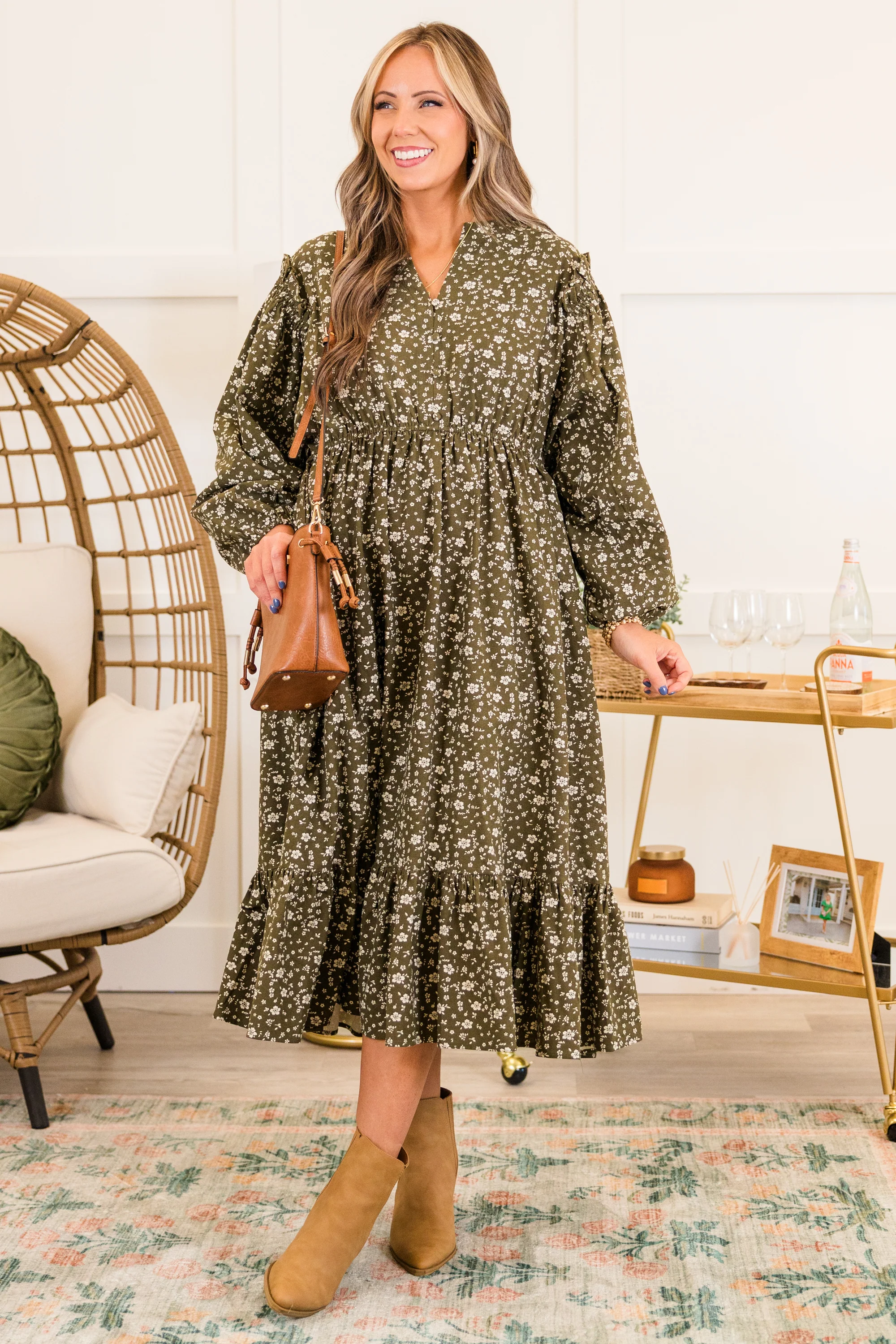Memorize Today Dress, Olive Floral - Weilaico