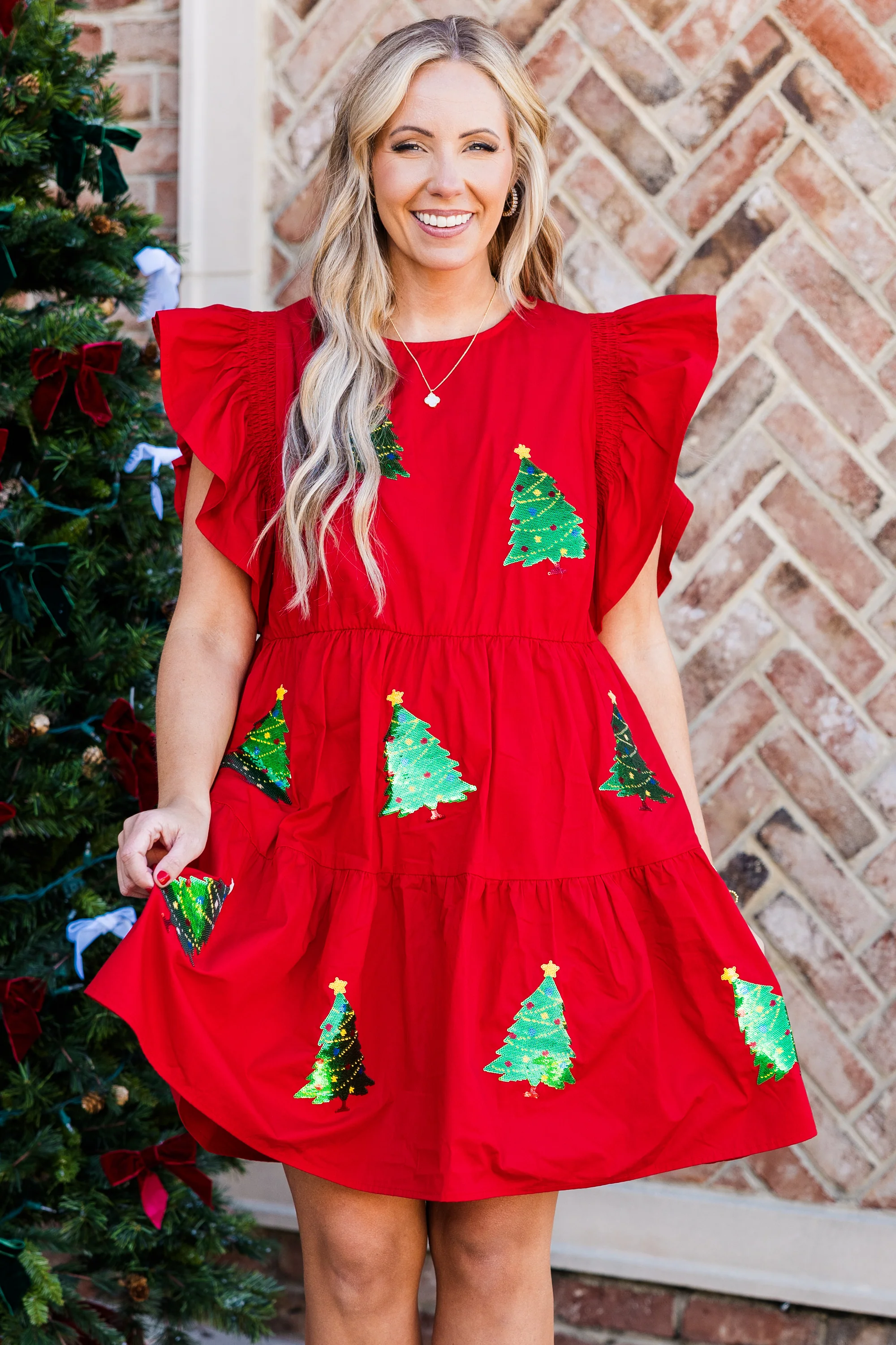 Christmas Tree Twirl Dress, Red - Weilaico