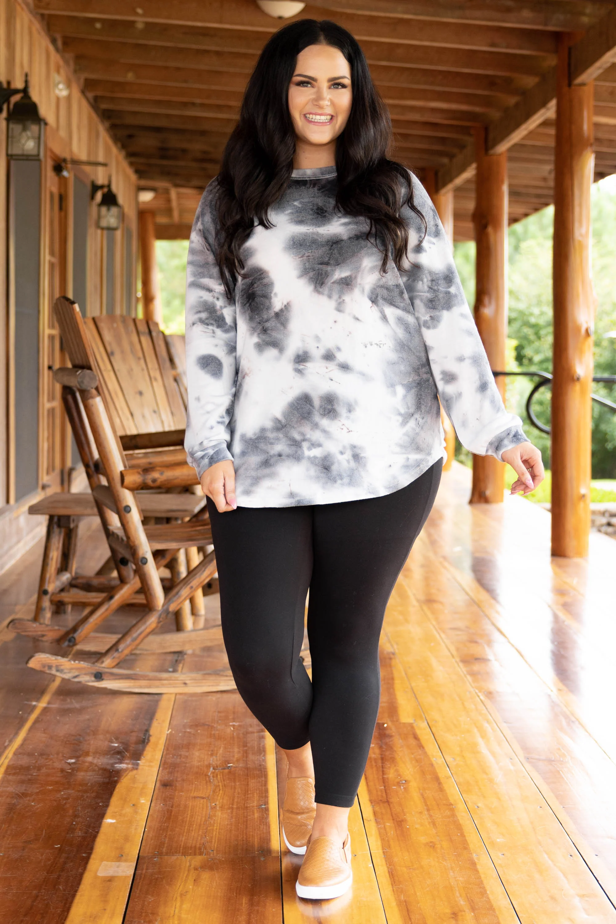Curved Hem Slouchy Dolman Tunic, Tie Dye Gray-White - Weilaico