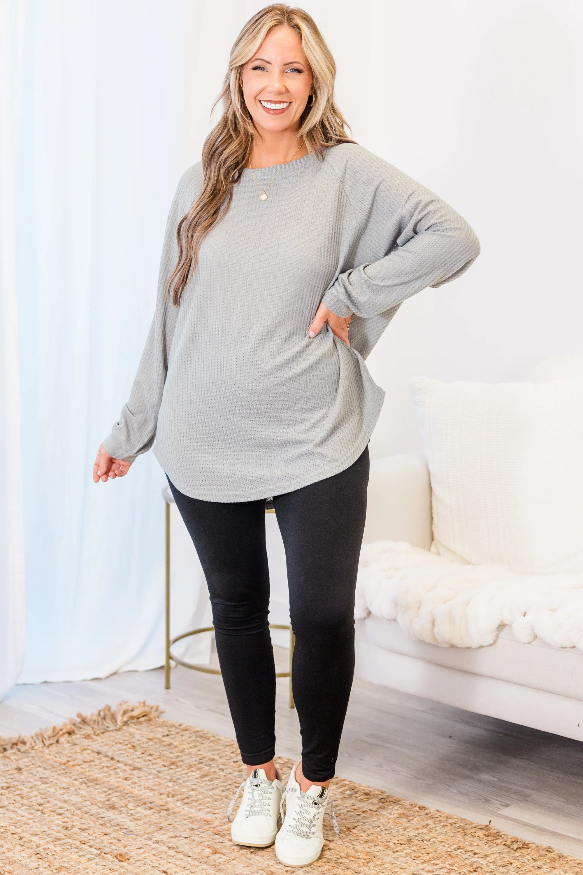 Curved Hem Slouchy Dolman Tunic, Heather Grey Thermal - Weilaico