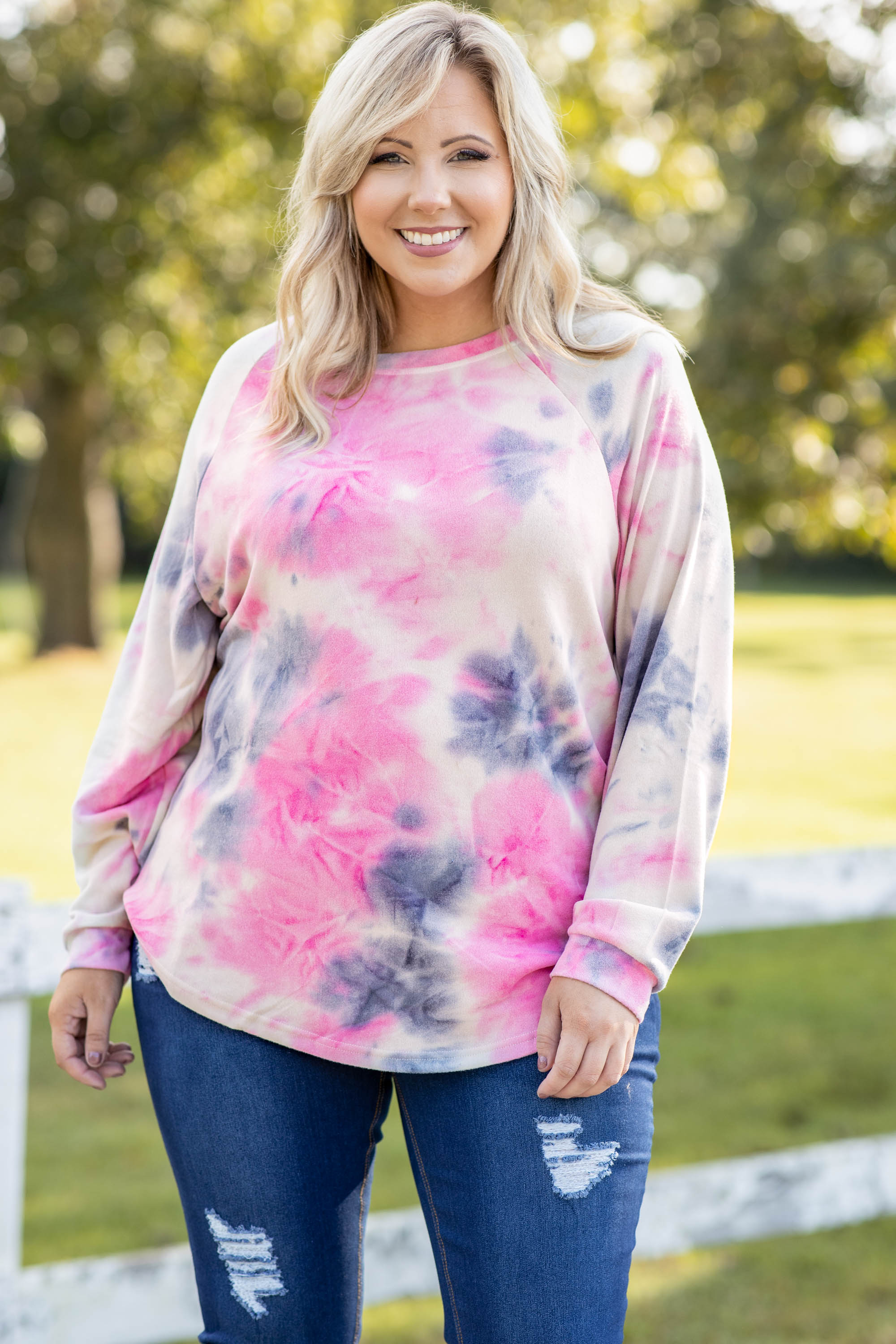 Curved Hem Slouchy Dolman Tunic, Tie Dye Pink - Weilaico