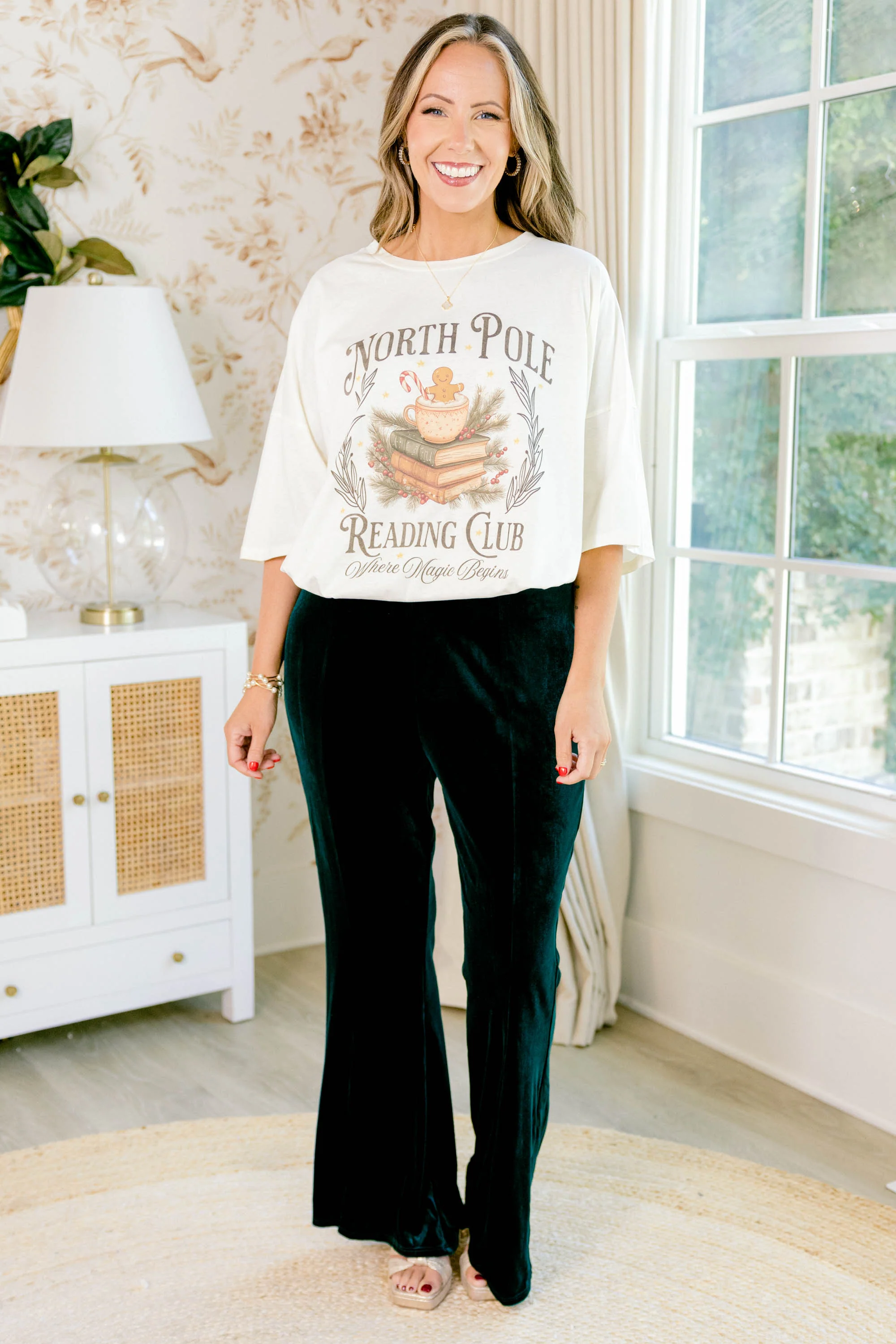 North Pole Reading Club Boyfriend Tee, Ivory - Weilaico