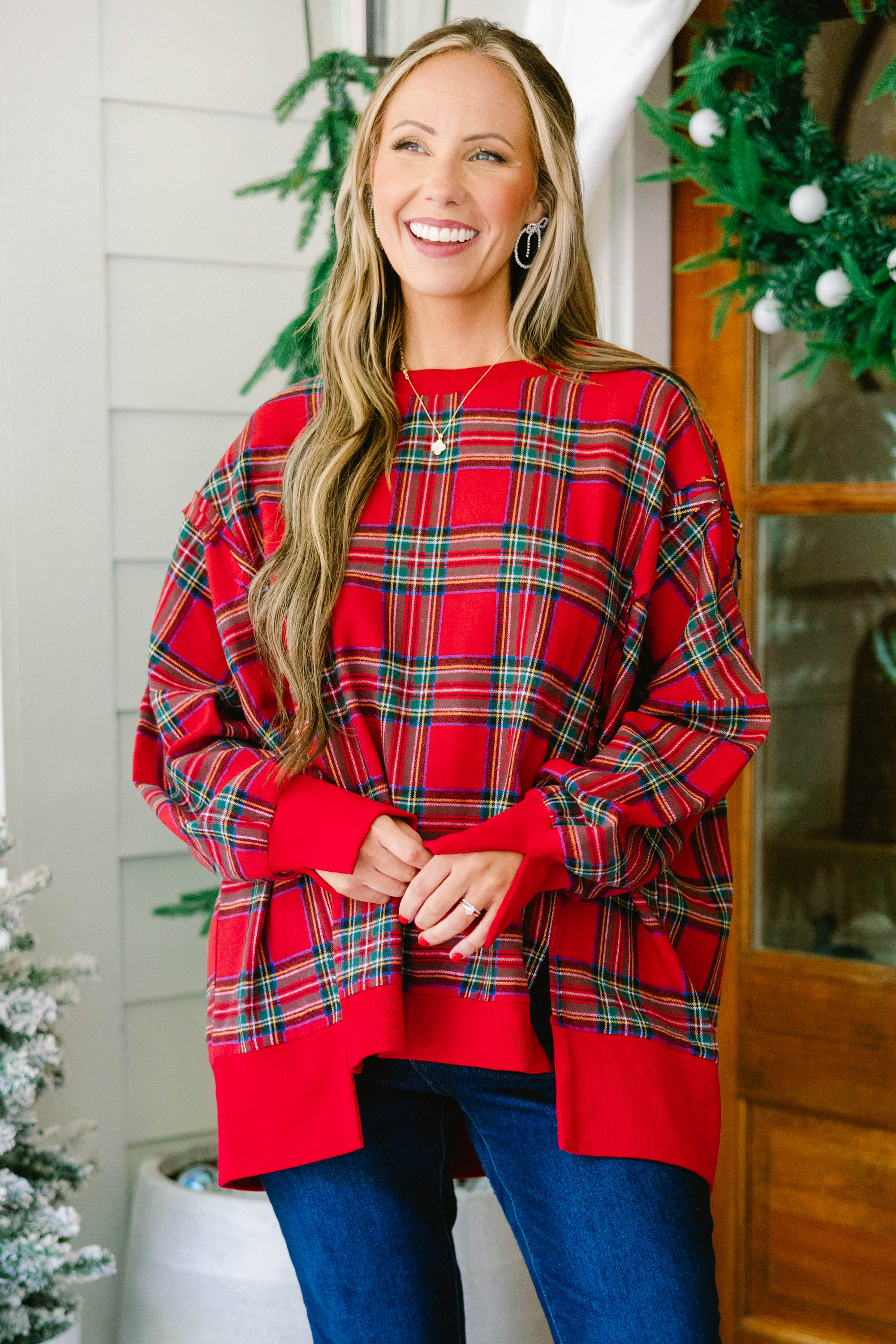 Sunset Glow Pullover, Red Plaid - Weilaico