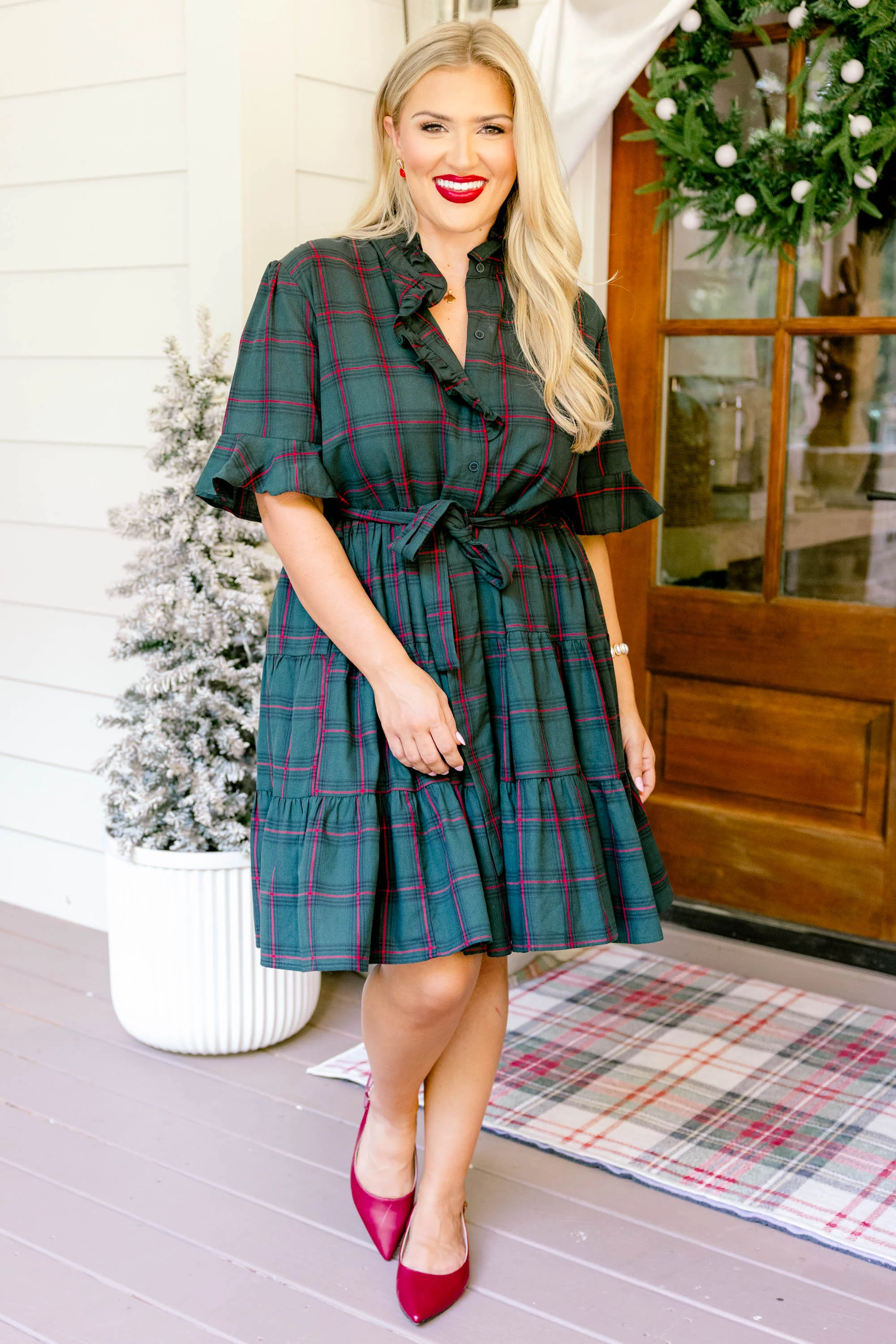 Breezy Beauty Dress, Green Plaid - Weilaico