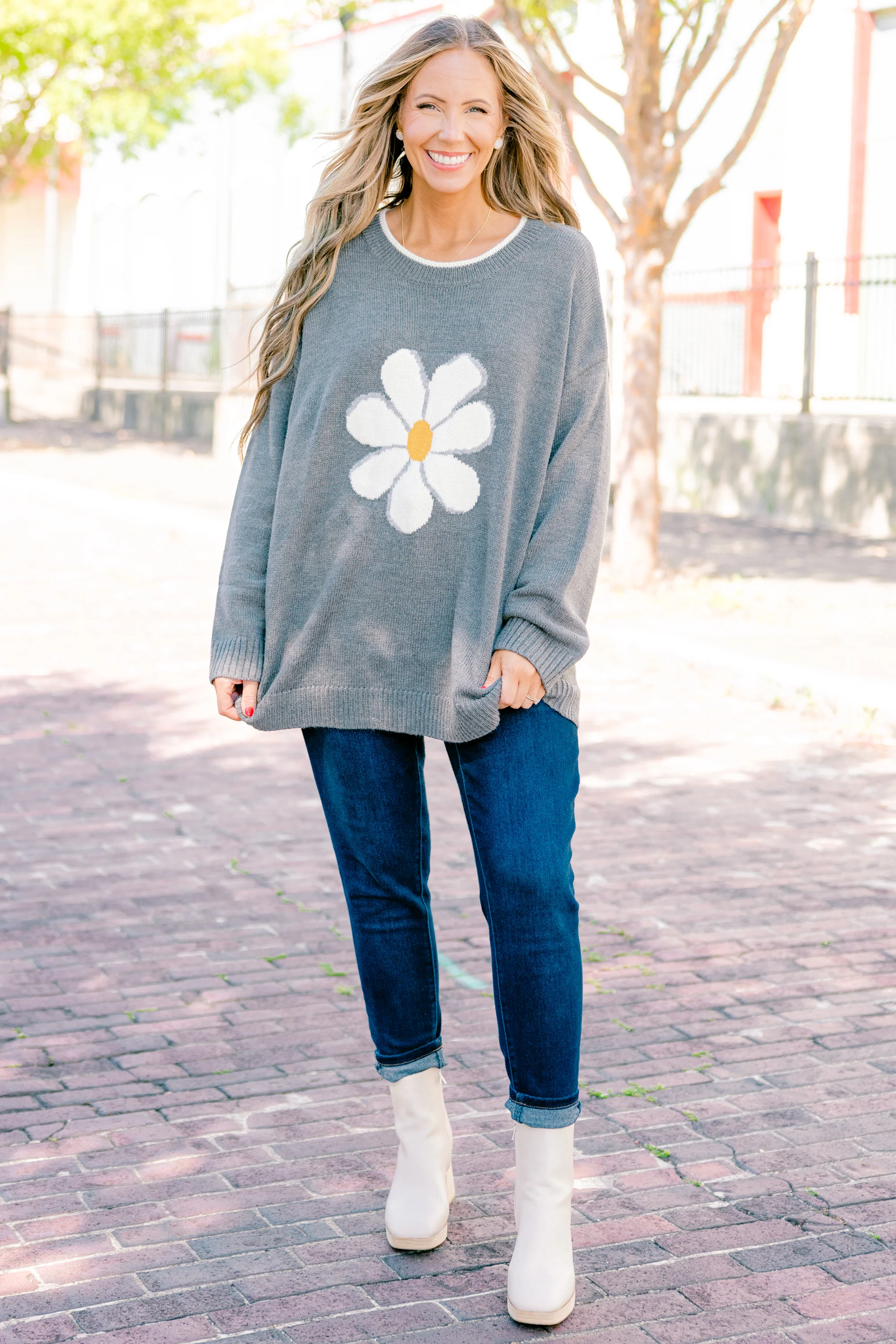 Daisy Fresh Sweater, Gray - Weilaico
