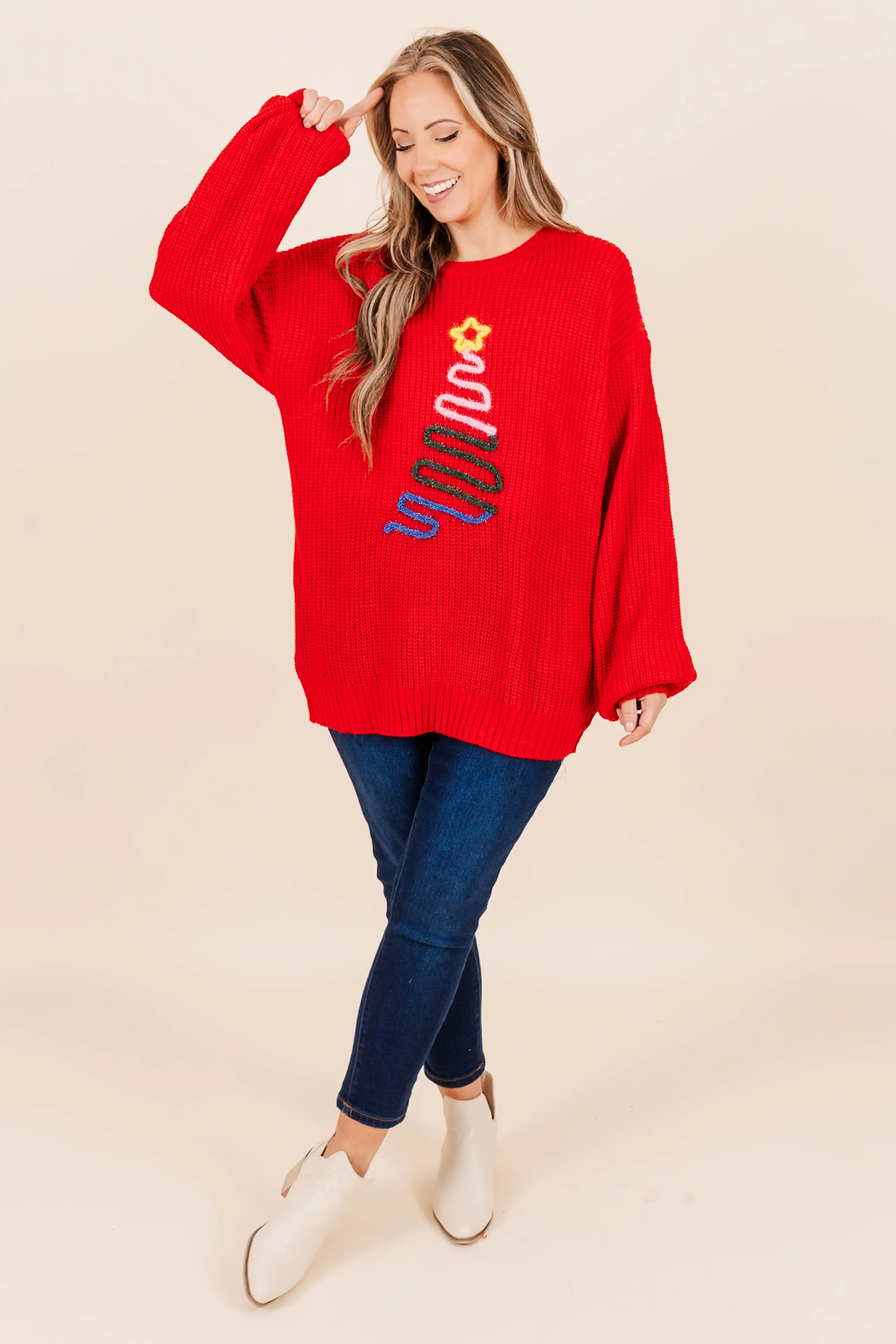 Star On Top Sweater, Red - Weilaico
