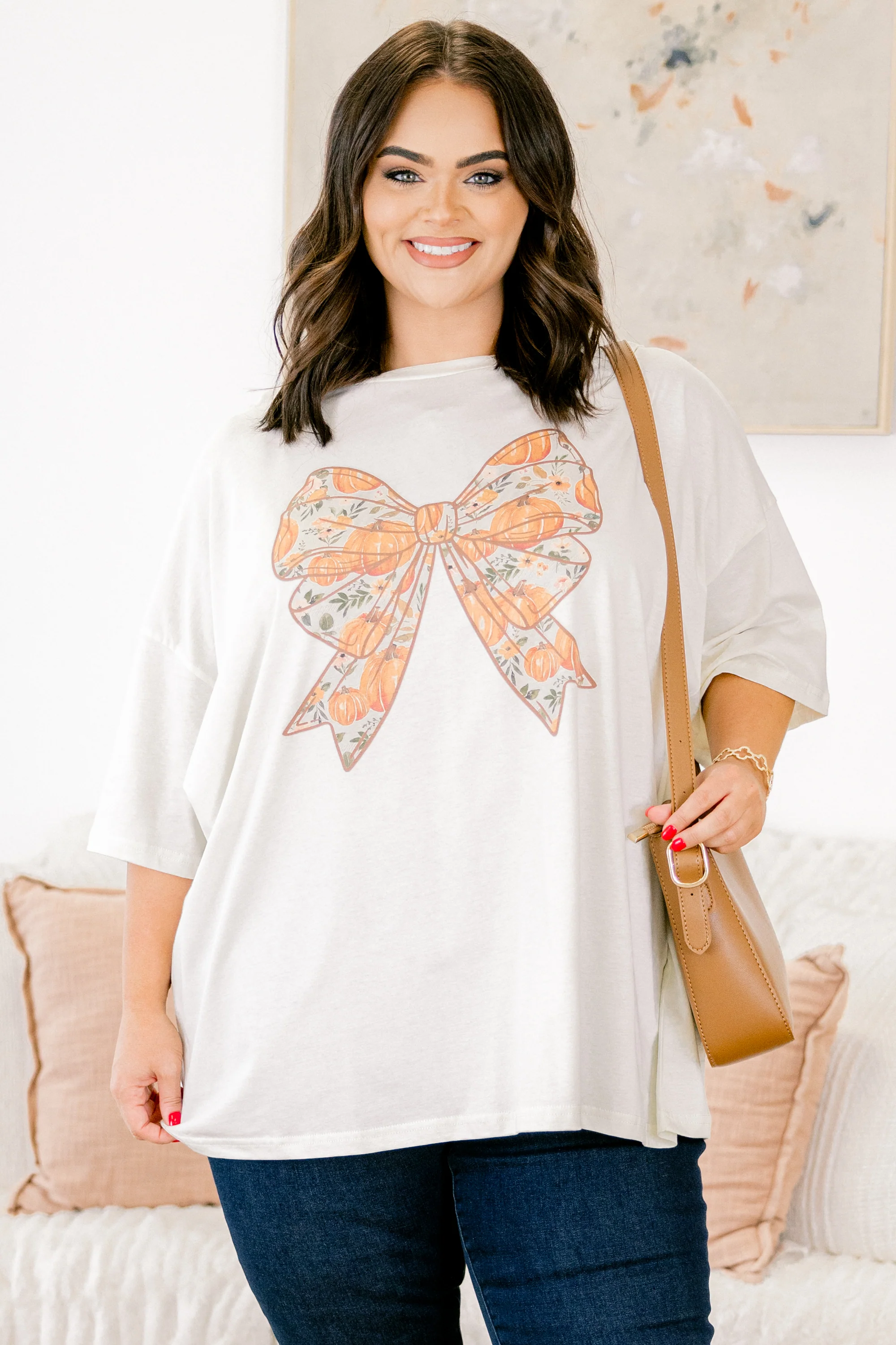 Harvest Bows Boyfriend Tee, Ivory - Weilaico