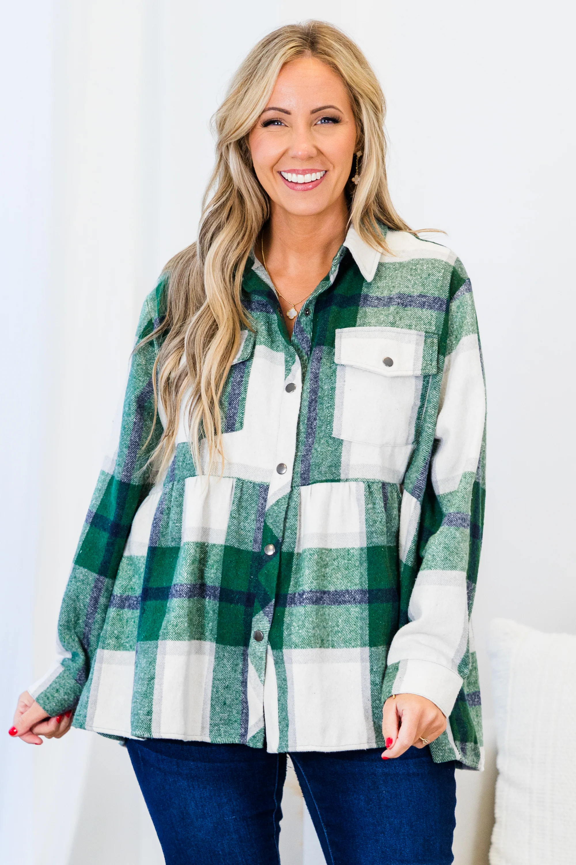 Cozy Plaid Babydoll Shacket, Green - Weilaico