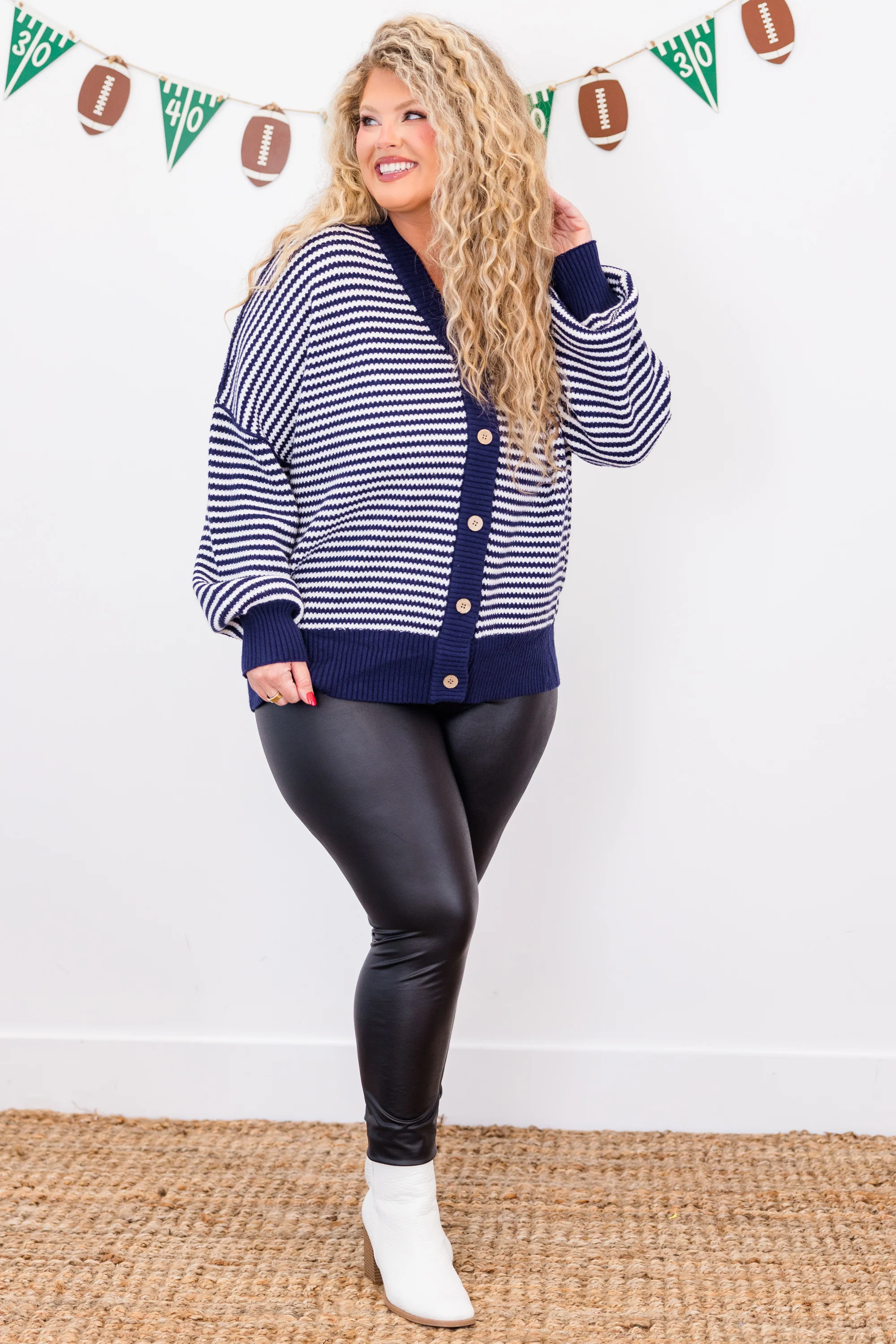 Snuggly Stripe Button-Up Sweater, Navy-Ivory - Weilaico