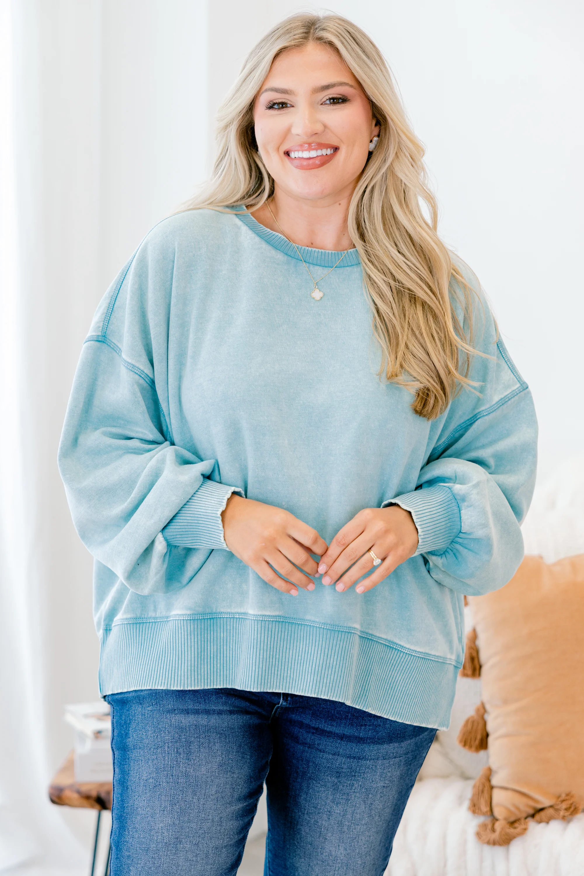 Only Getting Started Pullover, Dusty Teal - Weilaico