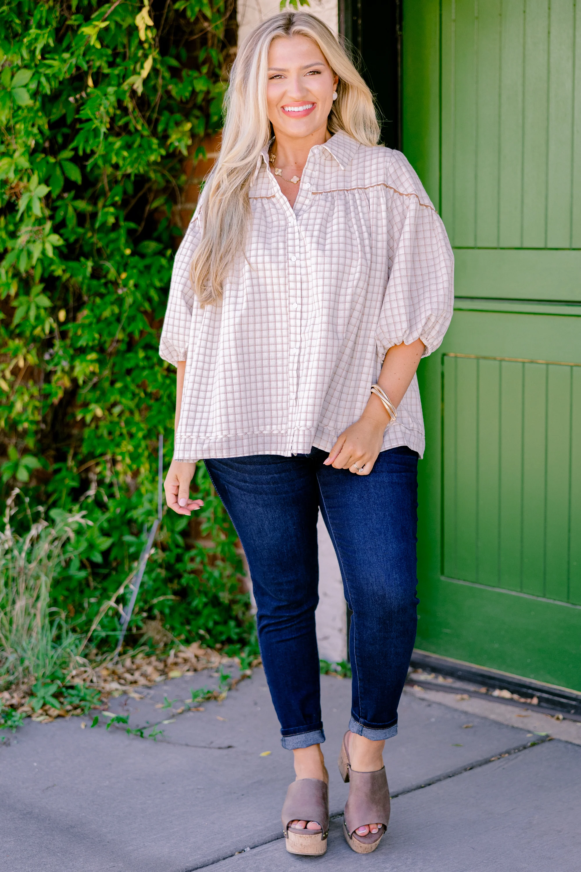 Love Is All Around Blouse, Cream Plaid - Weilaico