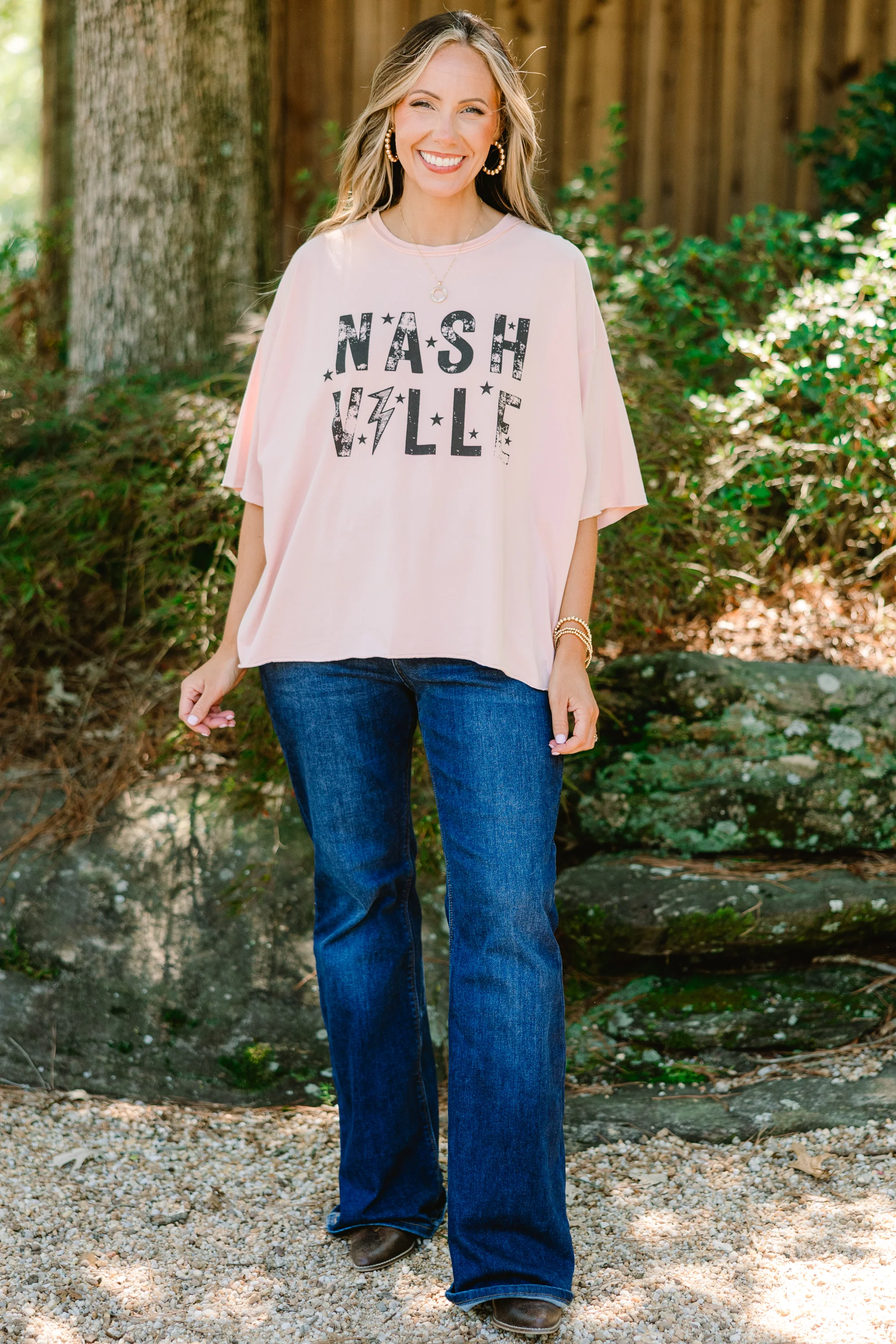 Nashville City Nights Vintage Wash Tee, Blush Pink - Weilaico