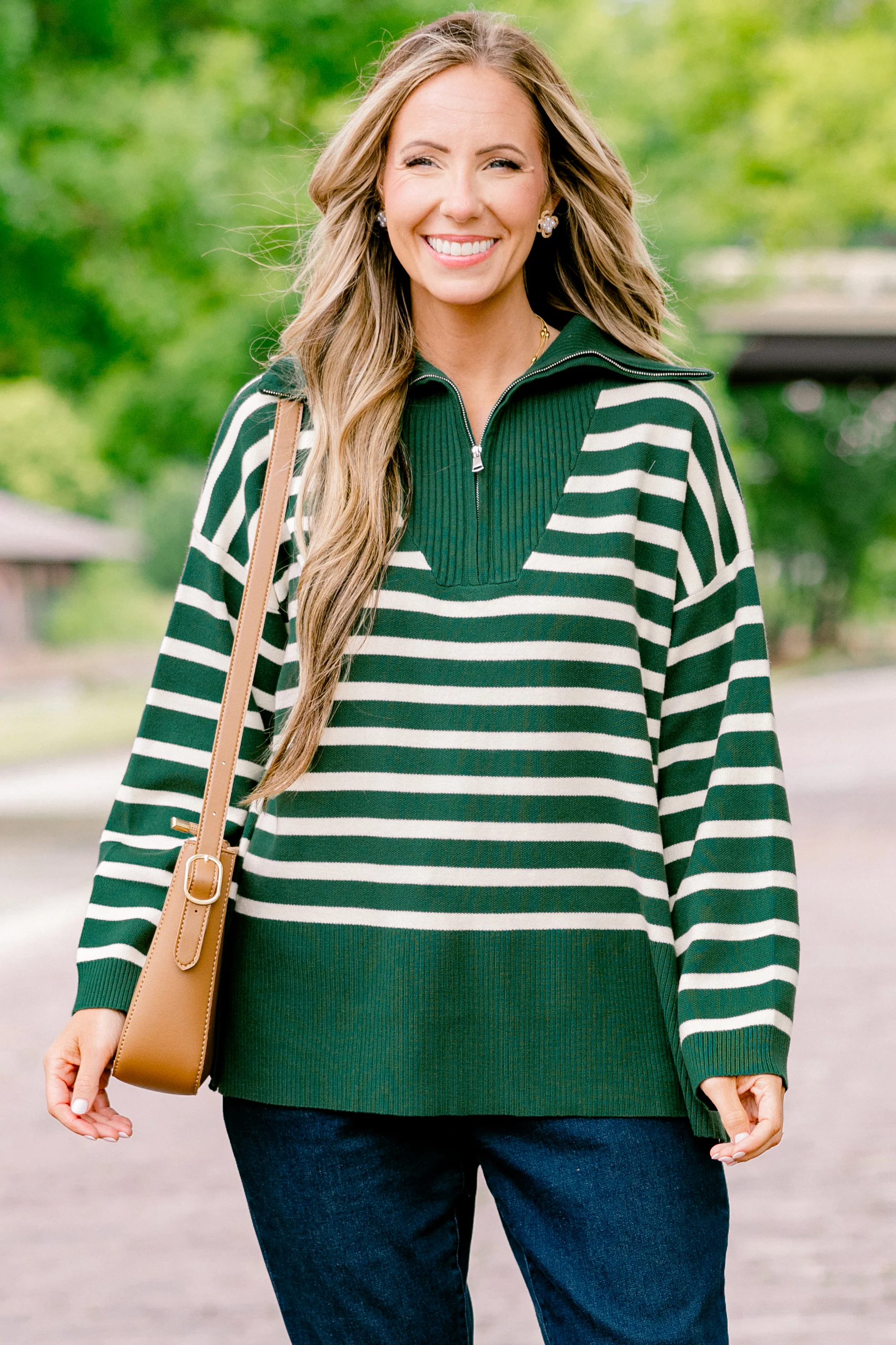 Sweet Stripes Sweater, Dark Green - Weilaico