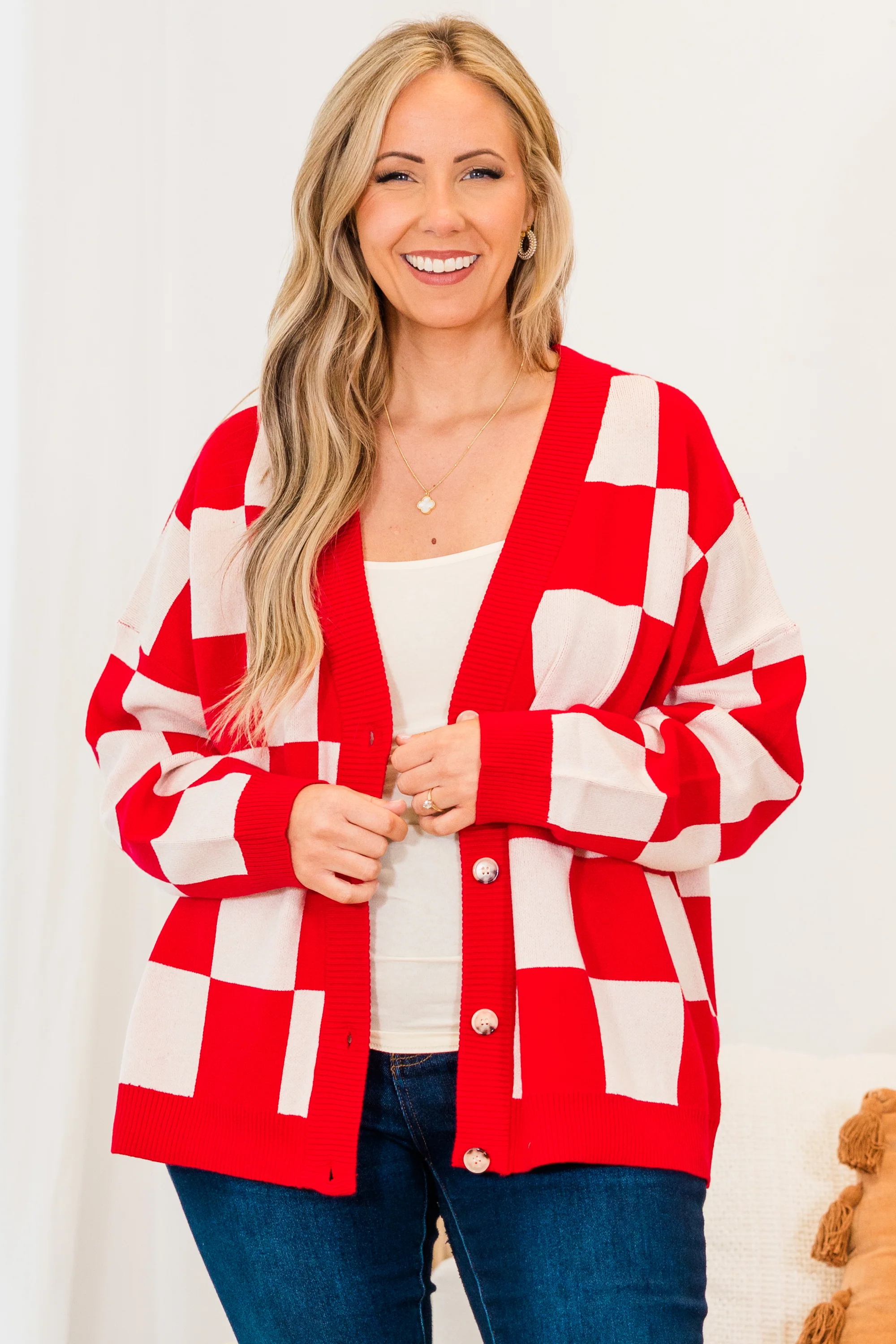 Checkmate Babe Cardigan, Red - Weilaico
