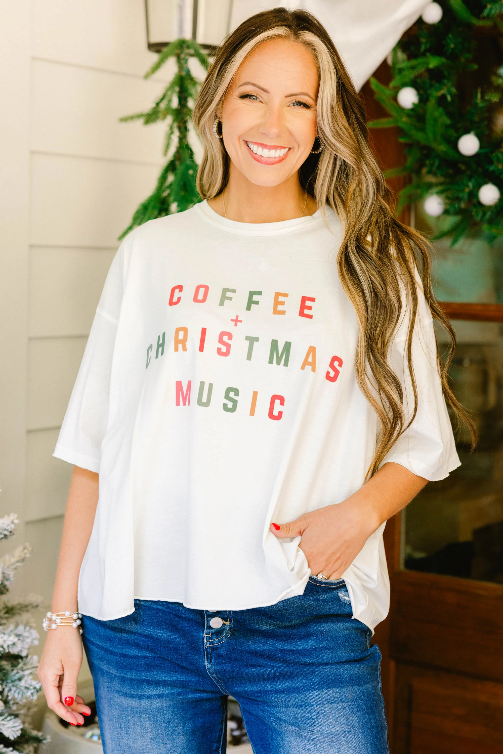 Coffee and Christmas Music Vintage Wash Tee, White - Weilaico