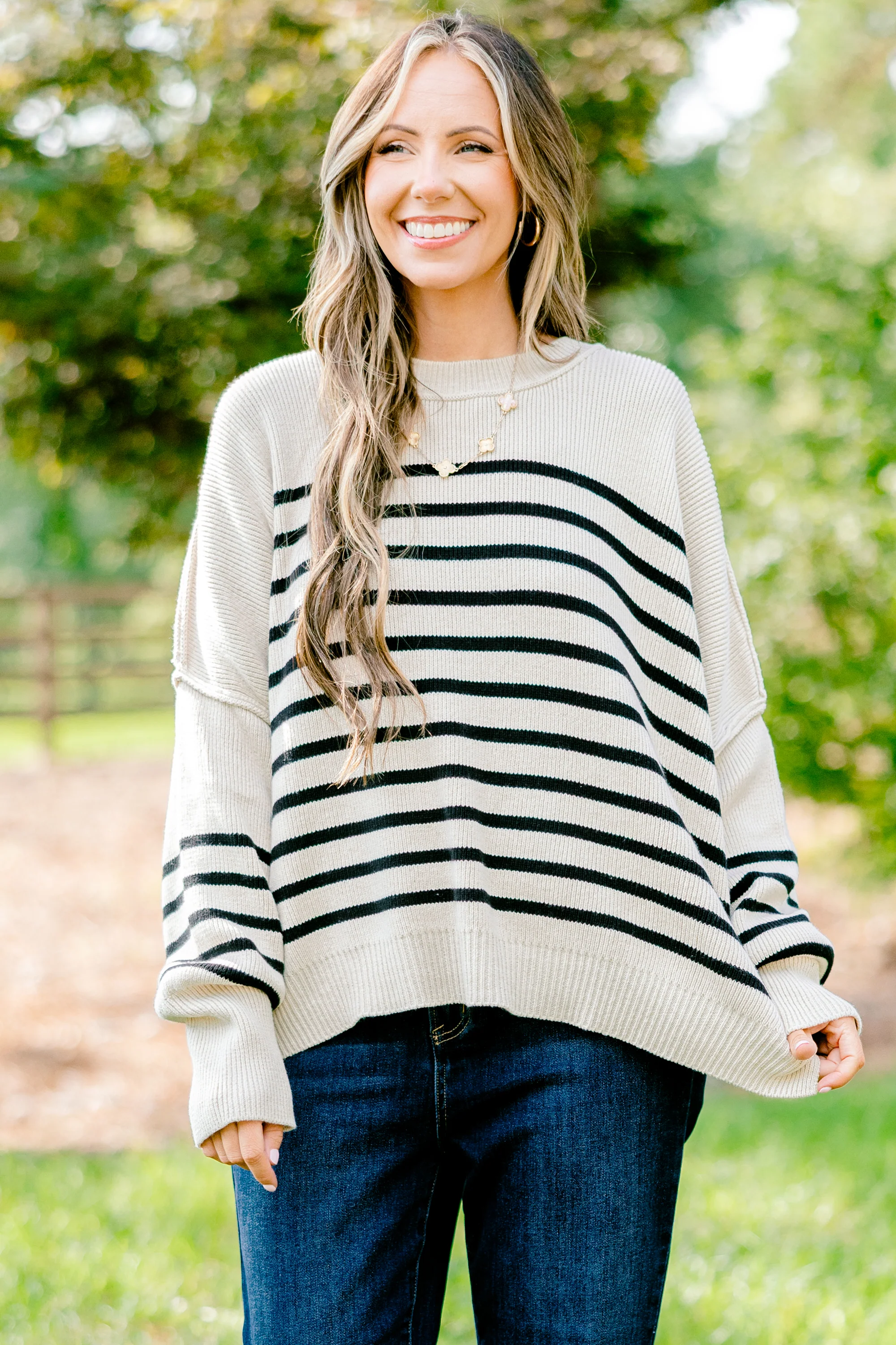 Magically Perfect Sweater, Almond Stripe - Weilaico