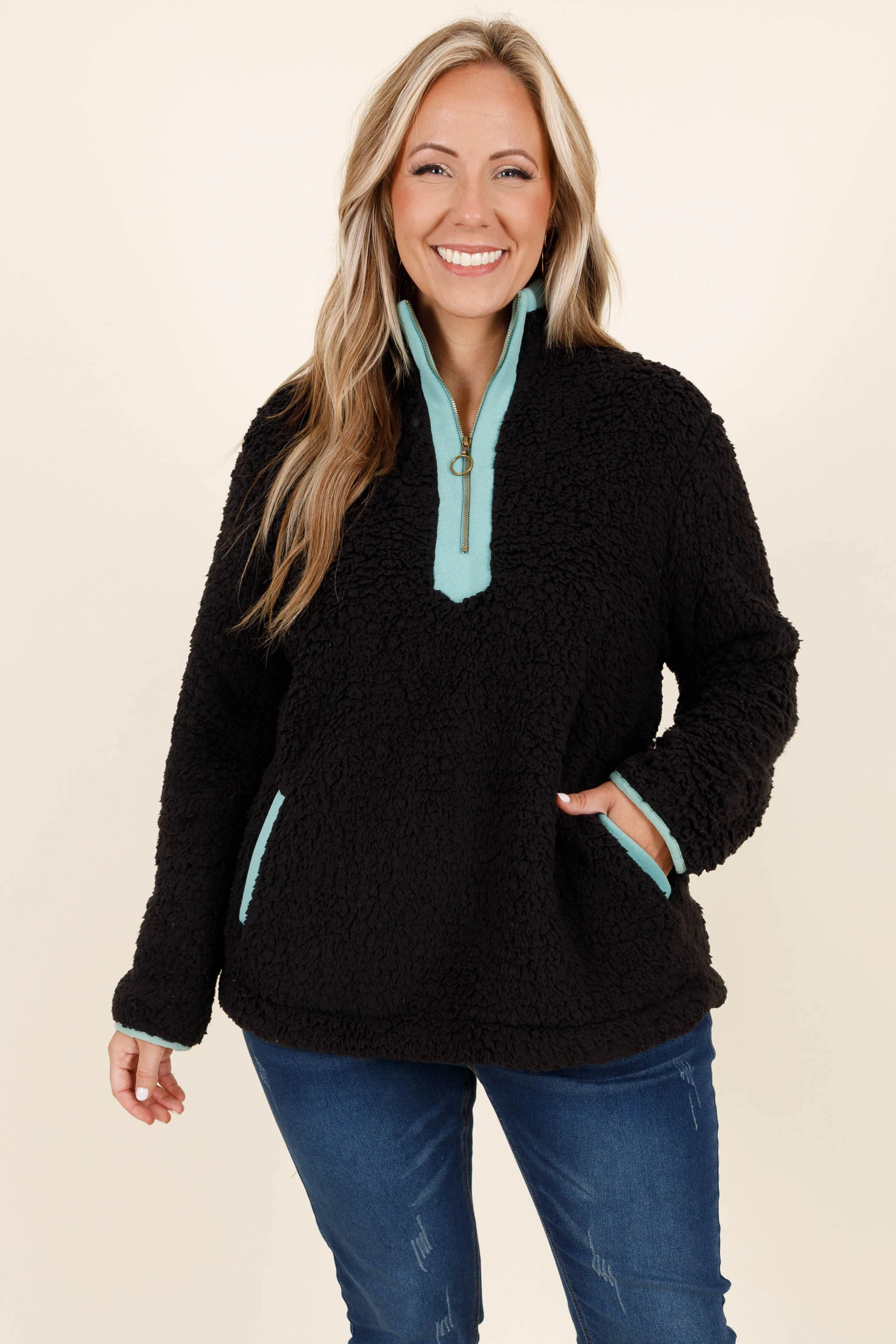 Come Visit Pullover, Black Teal - Weilaico