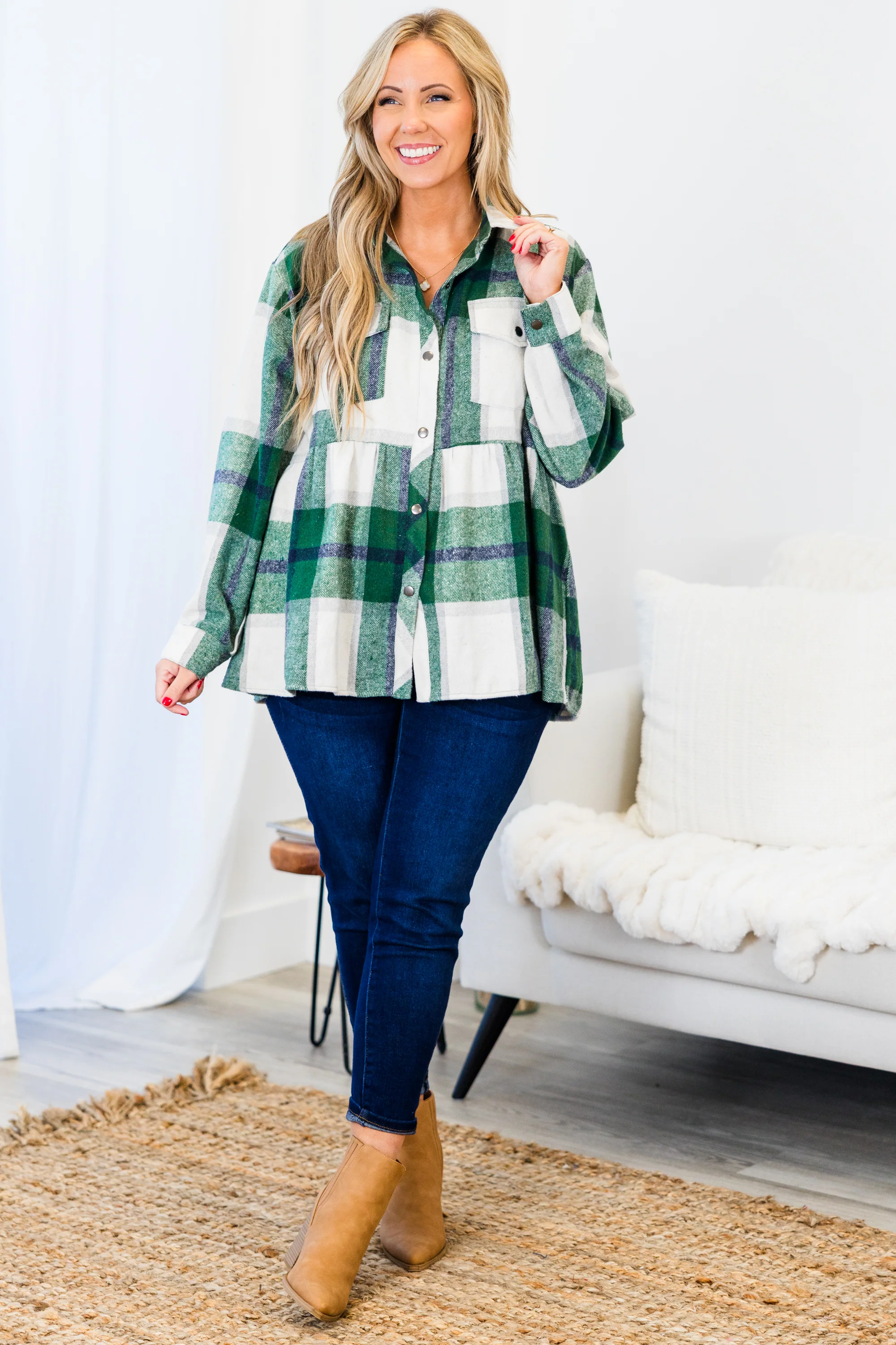 Cozy Plaid Babydoll Shacket, Green - Weilaico