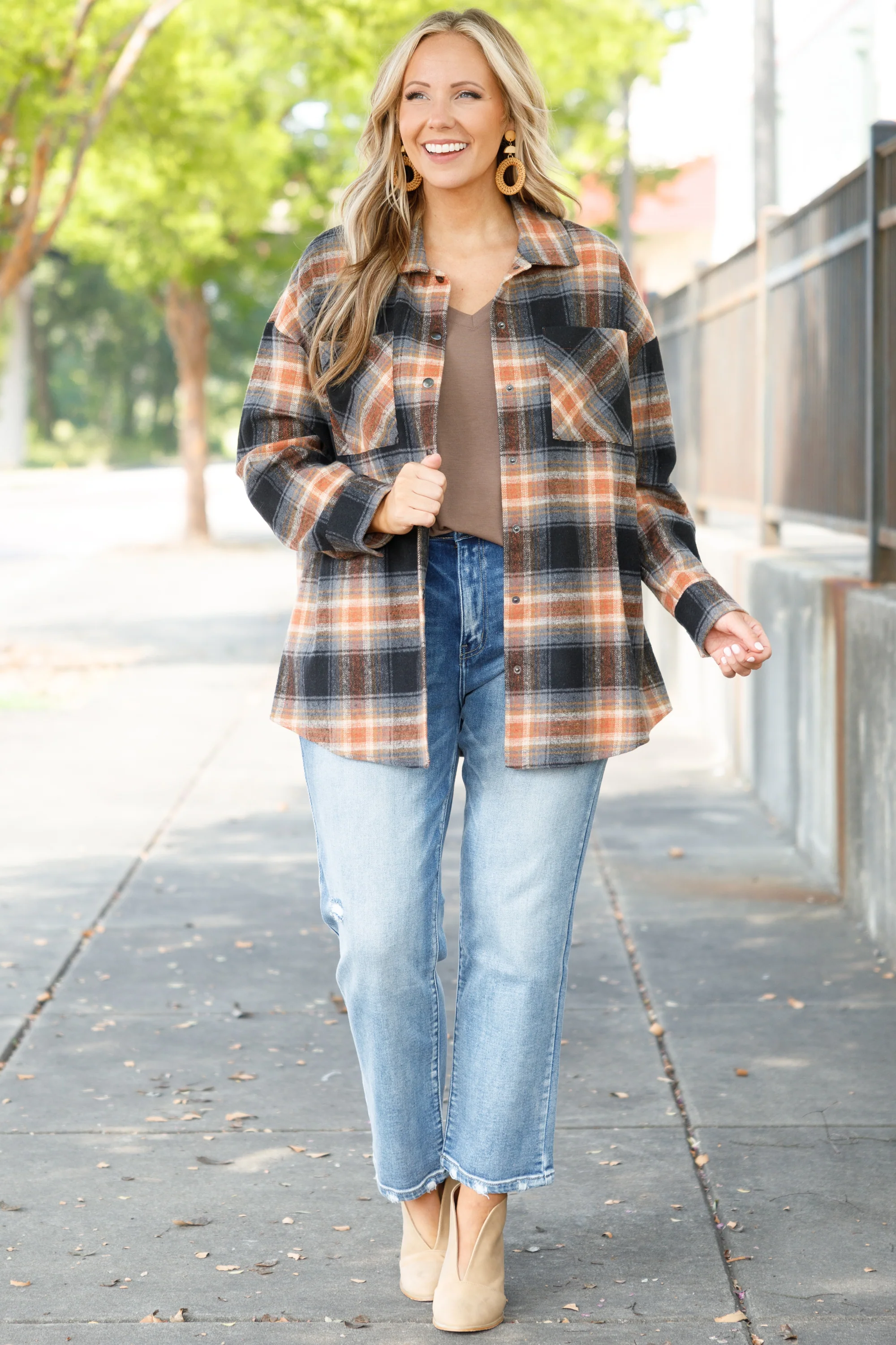 Not Your Boyfriend's Flannel Shacket, Orange - Weilaico