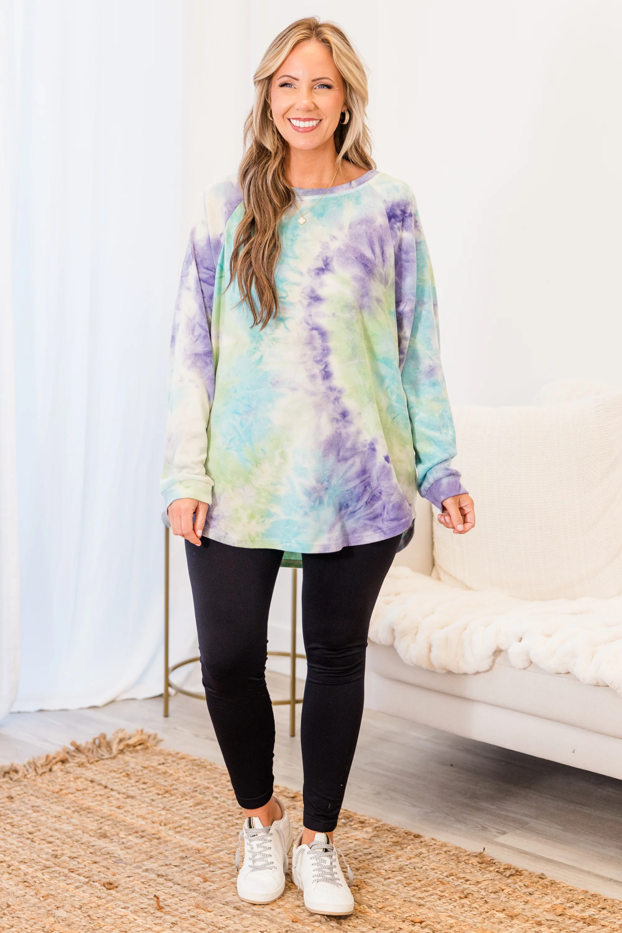 Curved Hem Slouchy Dolman Tunic, Tie Dye Purple - Weilaico