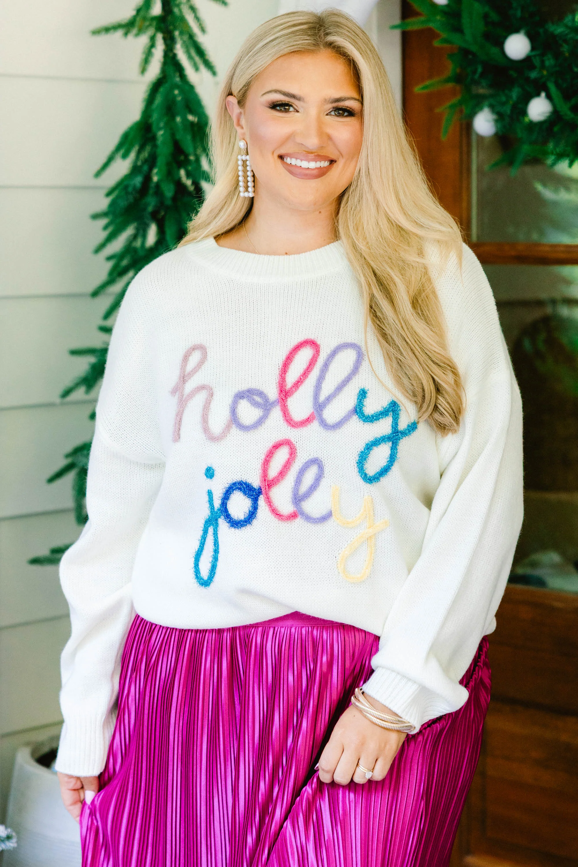 Holly Jolly All The Way Sweater, Cream - Weilaico