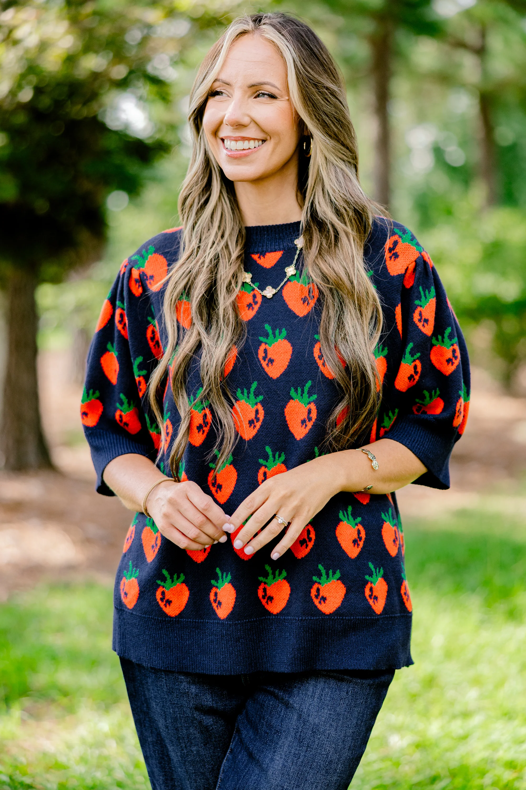 Love And Life Sweater, Navy Strawberry - Weilaico