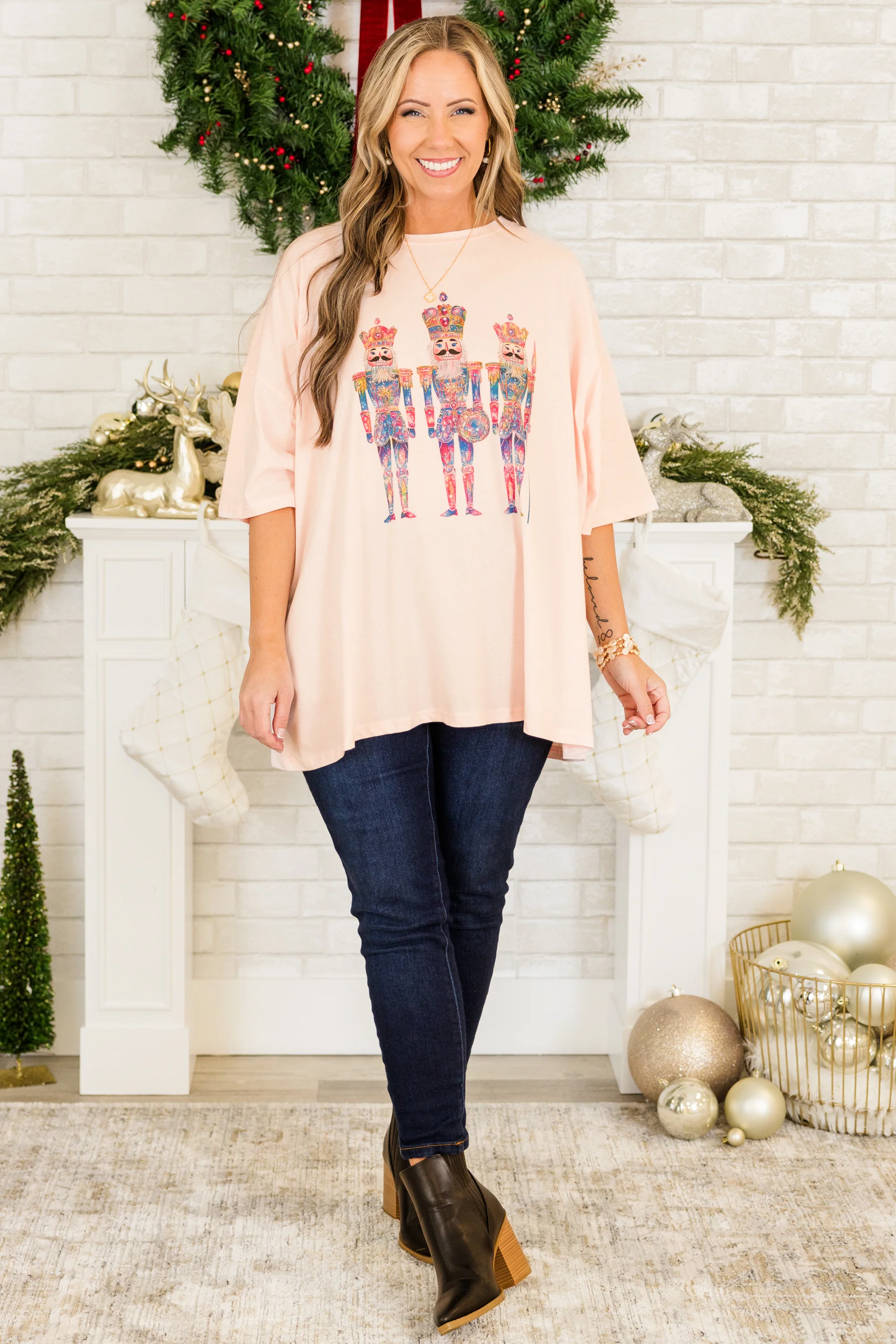 Nutcracker Chic Boyfriend Tee, Cream Pink - Weilaico