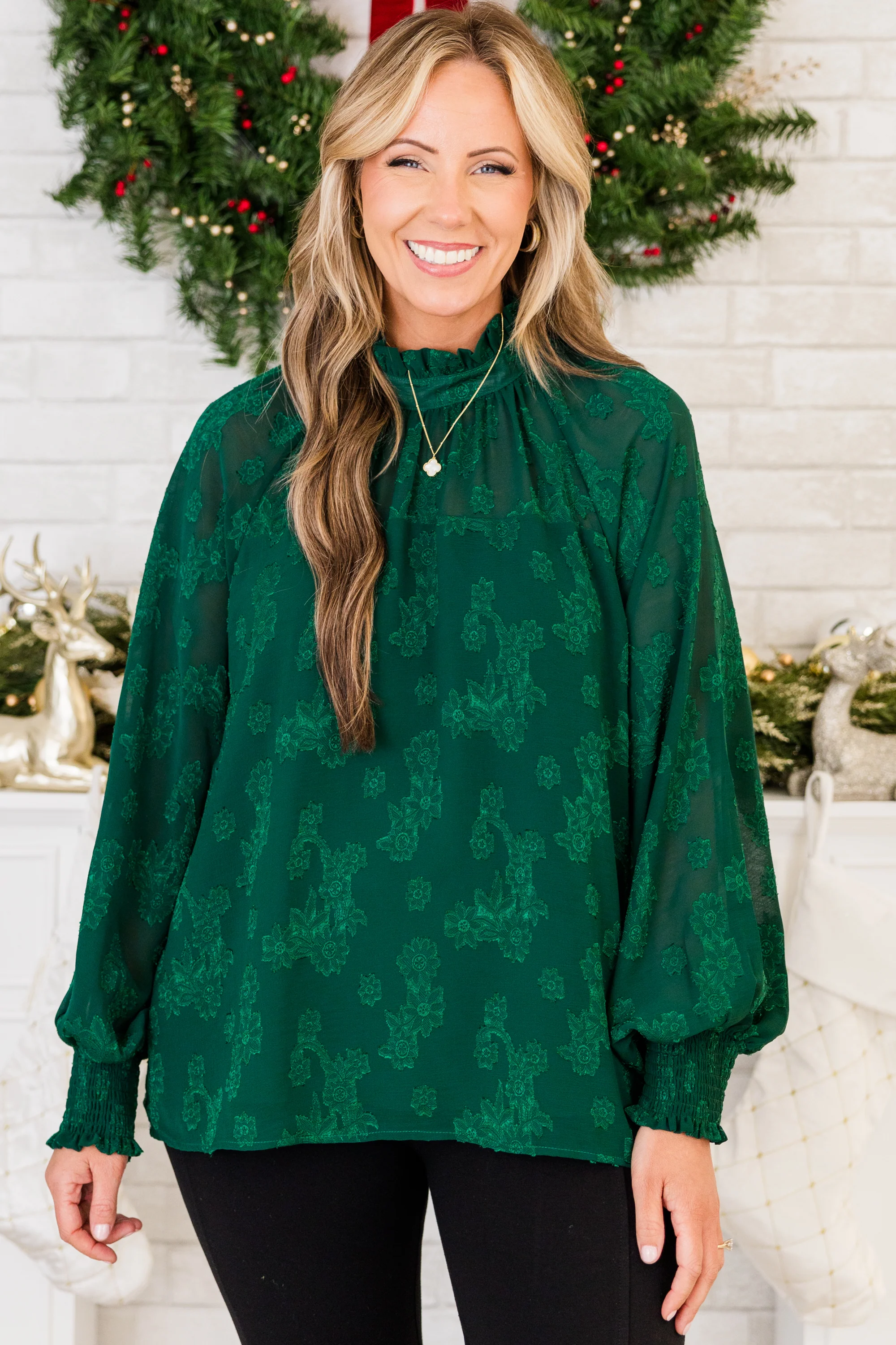 Pretty Green Eyes Blouse, Hunter Green - Weilaico