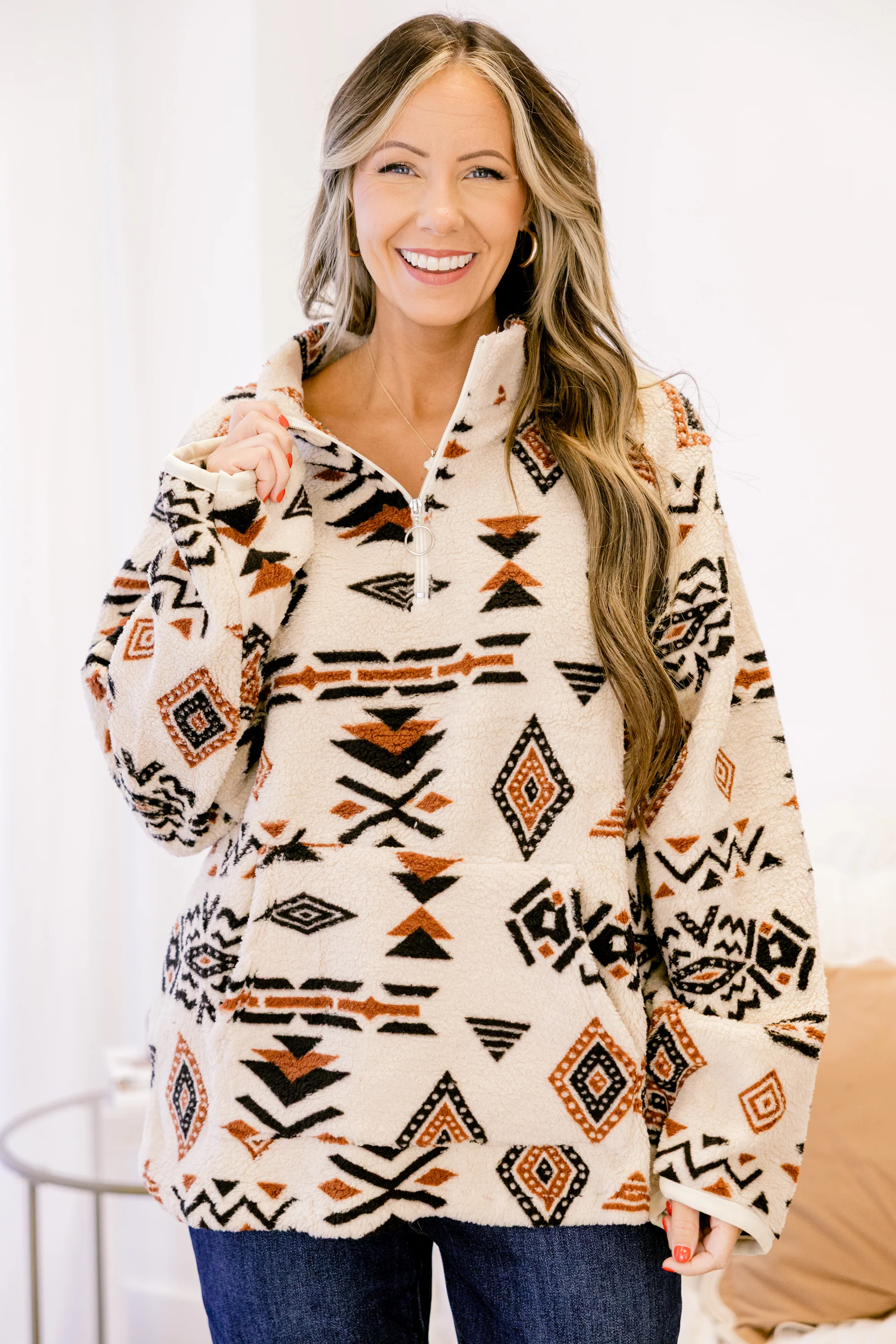 She's Breezing By Pullover, Brown Aztec - Weilaico
