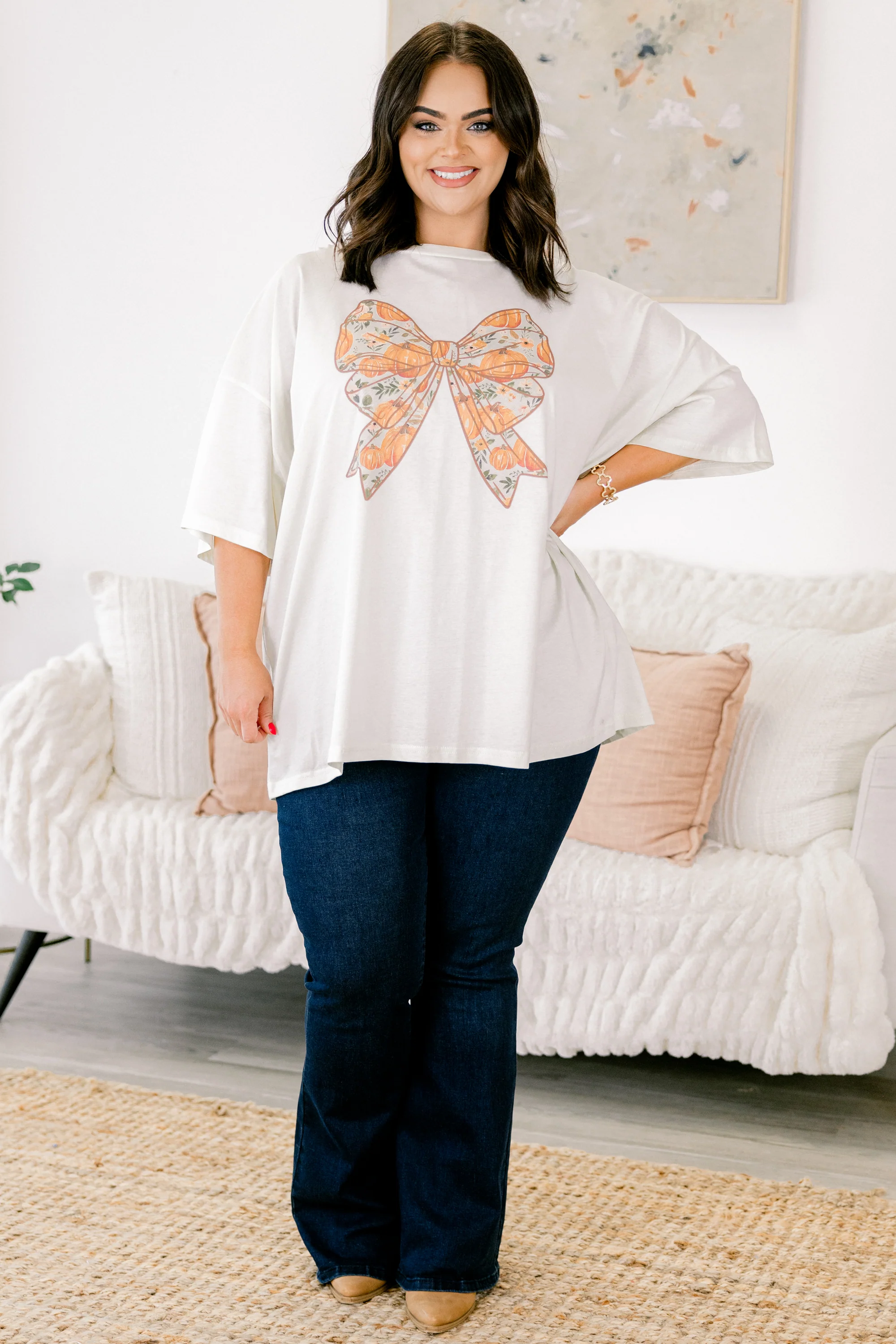 Harvest Bows Boyfriend Tee, Ivory - Weilaico
