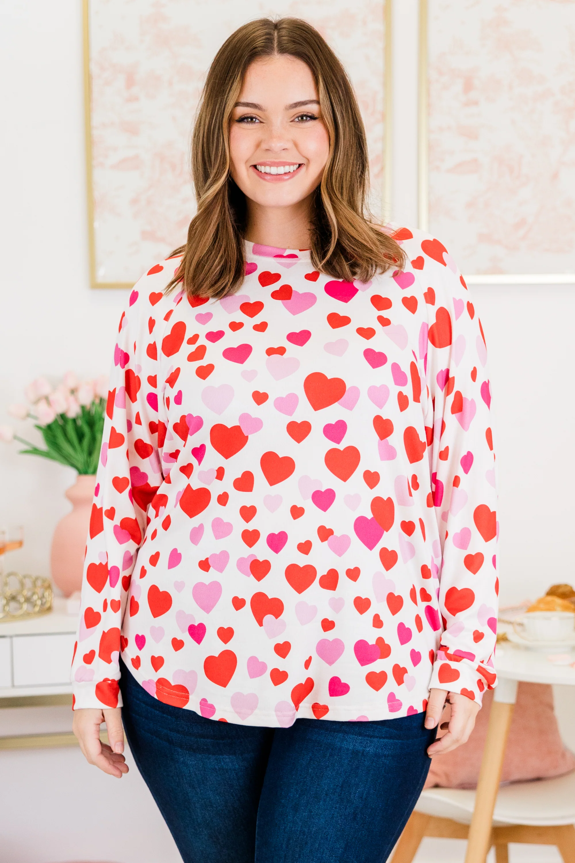 Curved Hem Slouchy Dolman Tunic, Valentine Wishes - Weilaico