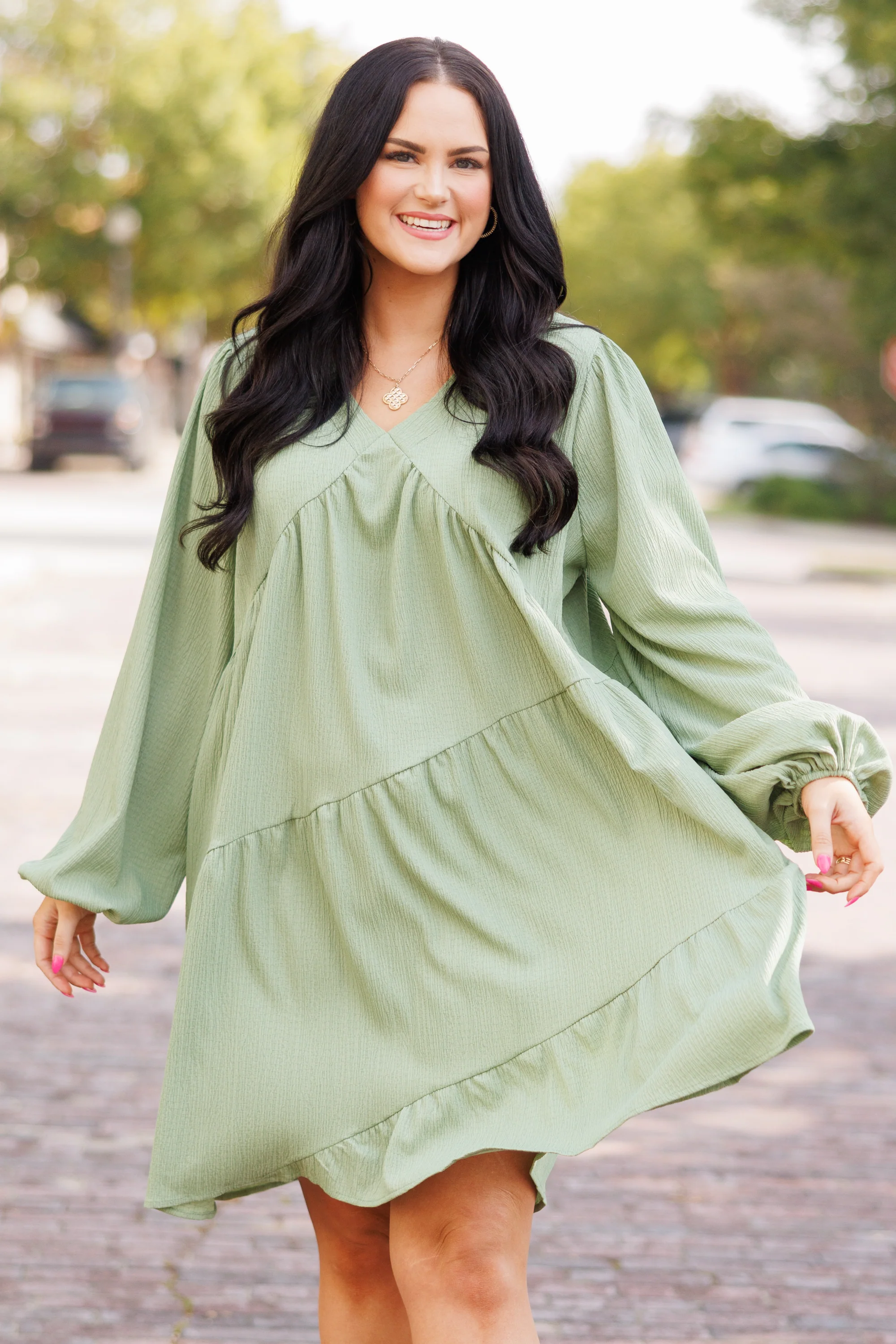 Every Cloud Has A Silver Lining Dress, Avocado - Weilaico