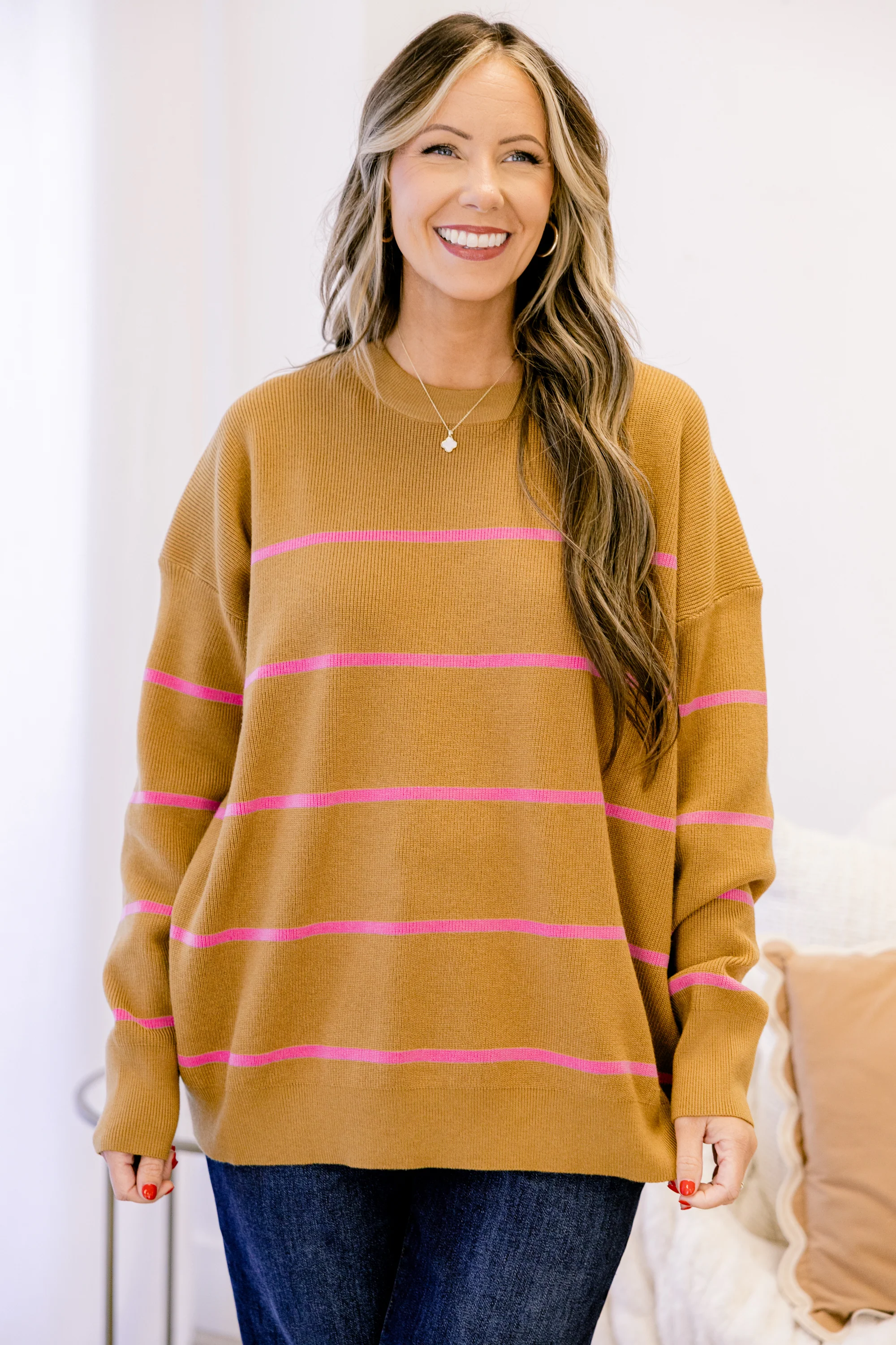 Lux Stripe Sweater, Brown-Pink - Weilaico
