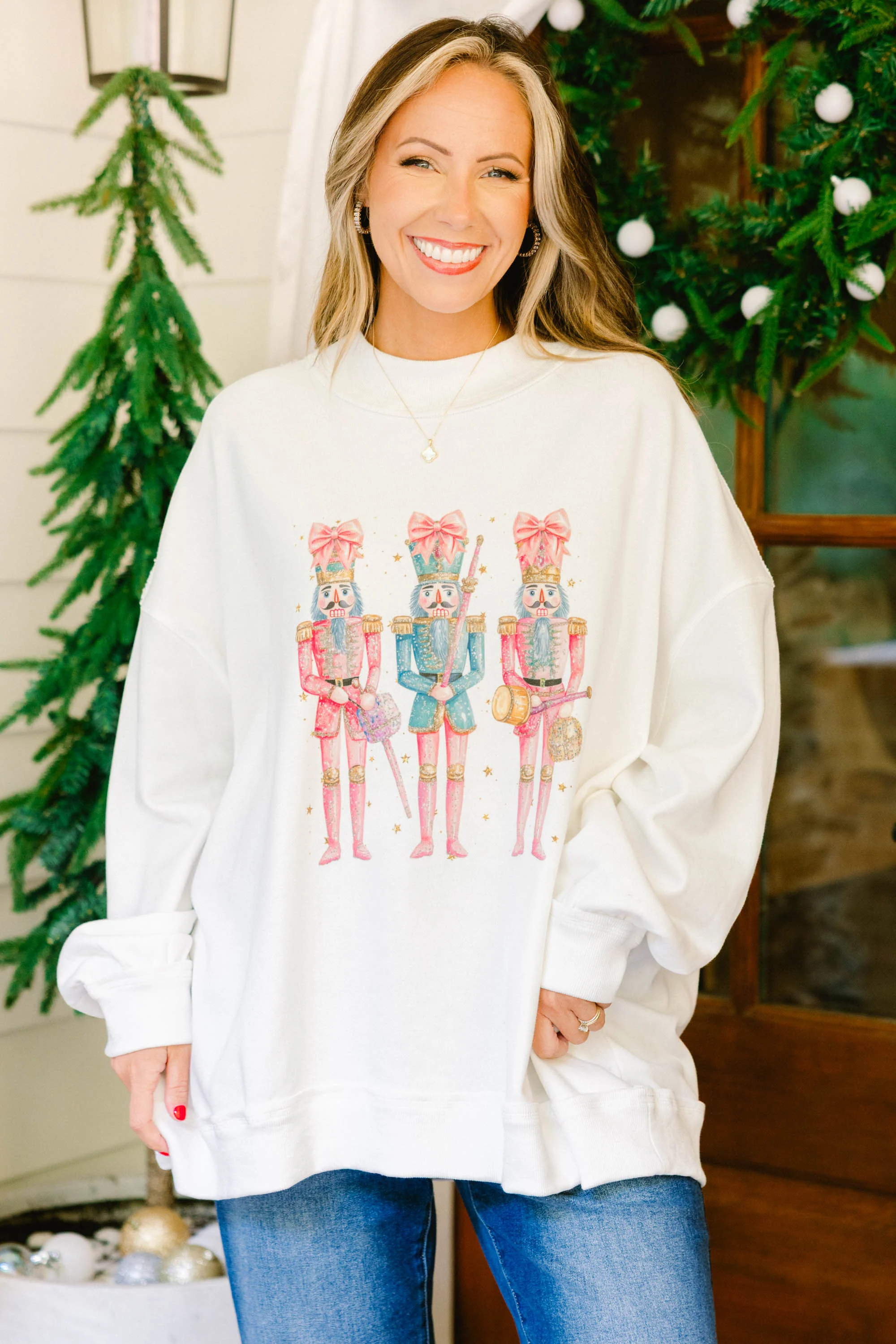 Nutcracker Christmas Mock Neck Pullover, Ivory - Weilaico