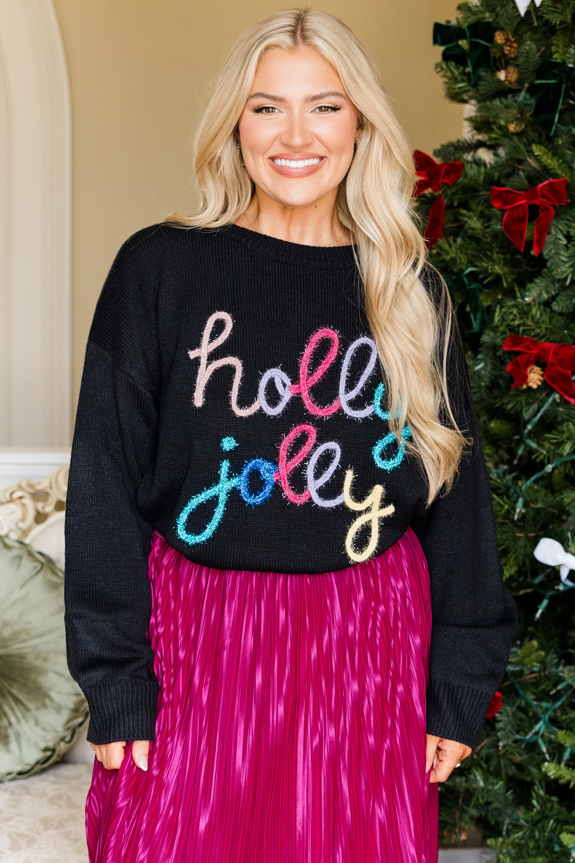 Holly Jolly All The Way Sweater, Black - Weilaico