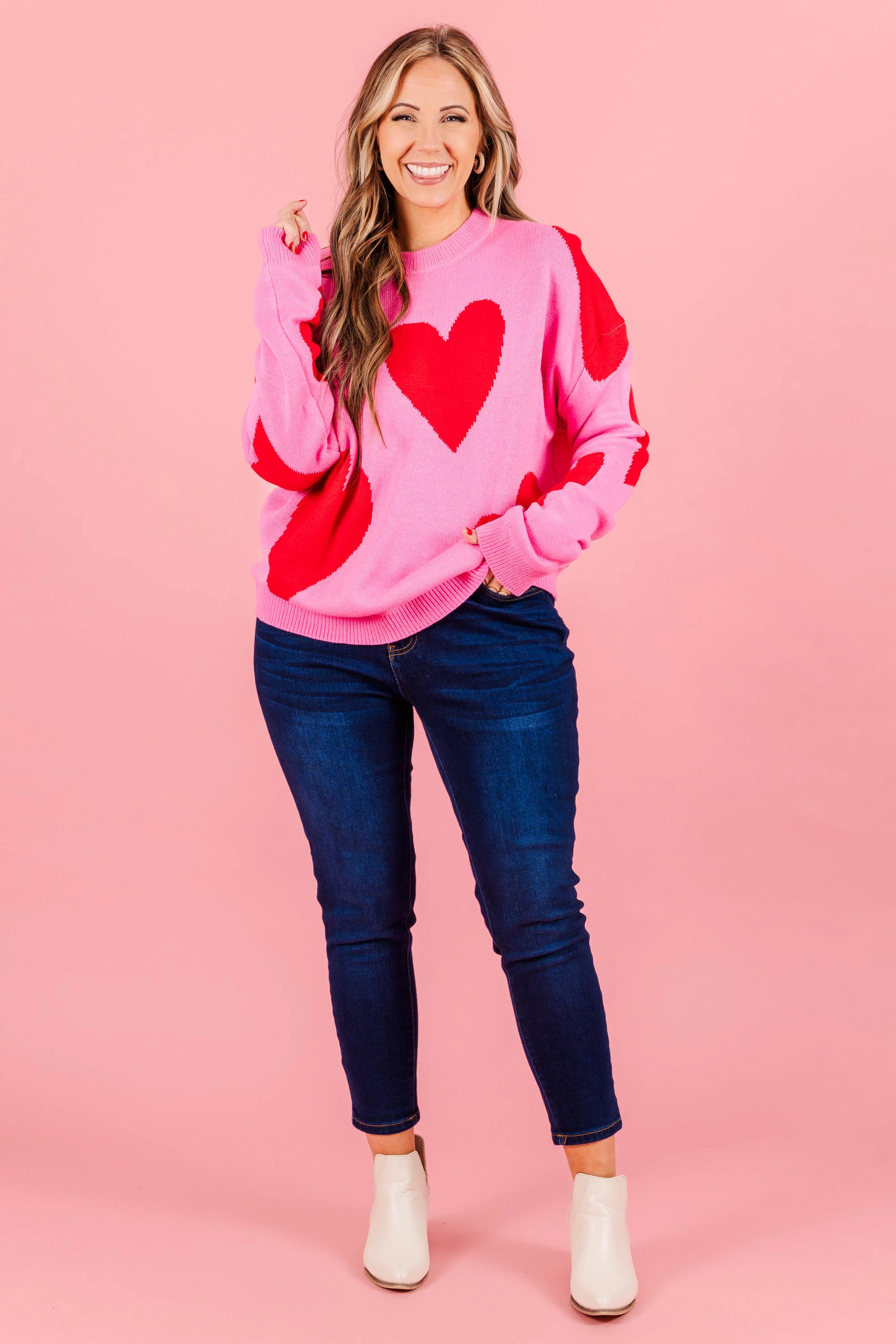 Harmonious Heart Sweater, Pink-Red - Weilaico